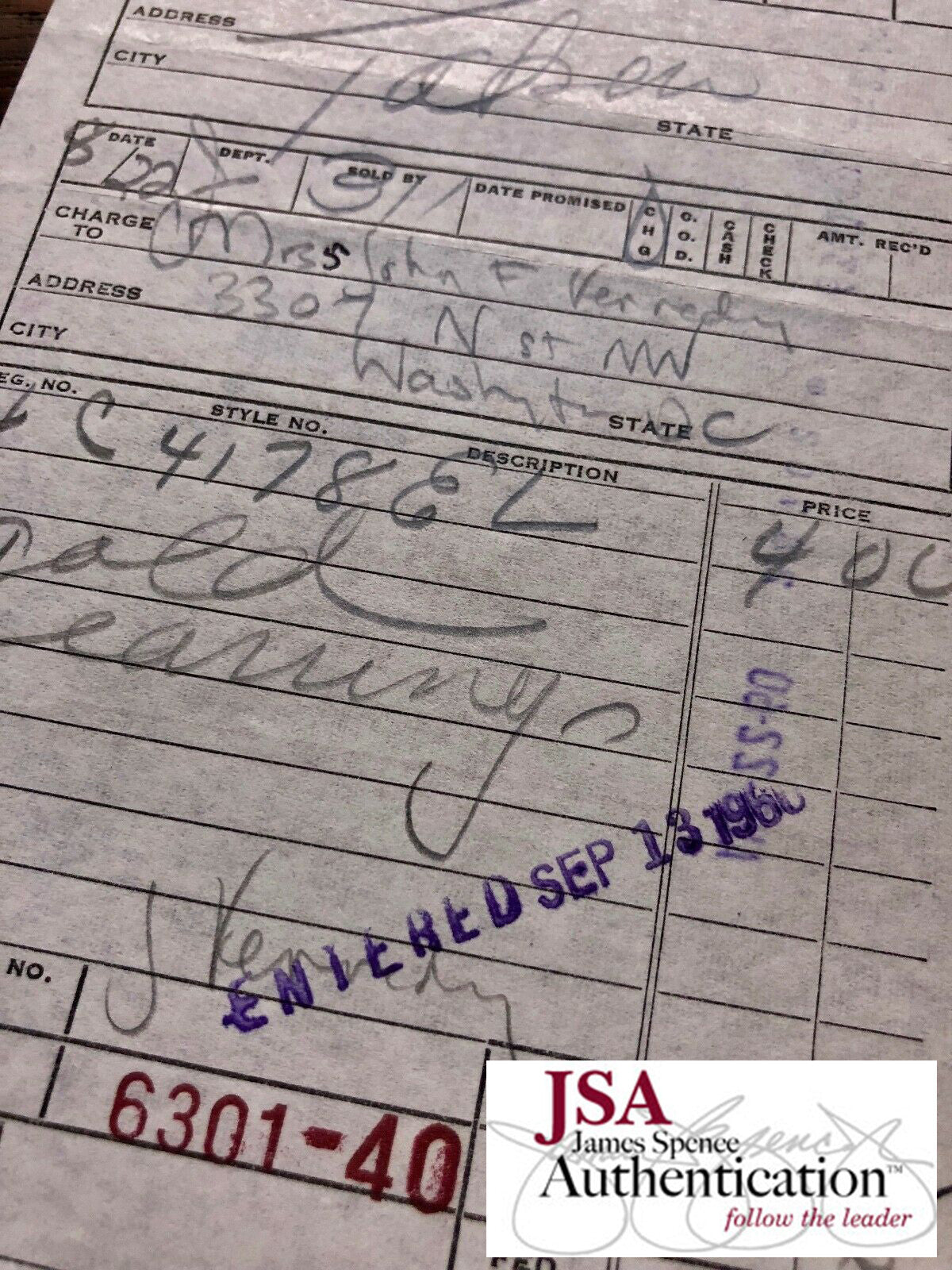 JACQUELINE KENNEDY * JSA * "Mrs. John F. Kennedy" Double (2x) AUTOGRAPH Receipt
