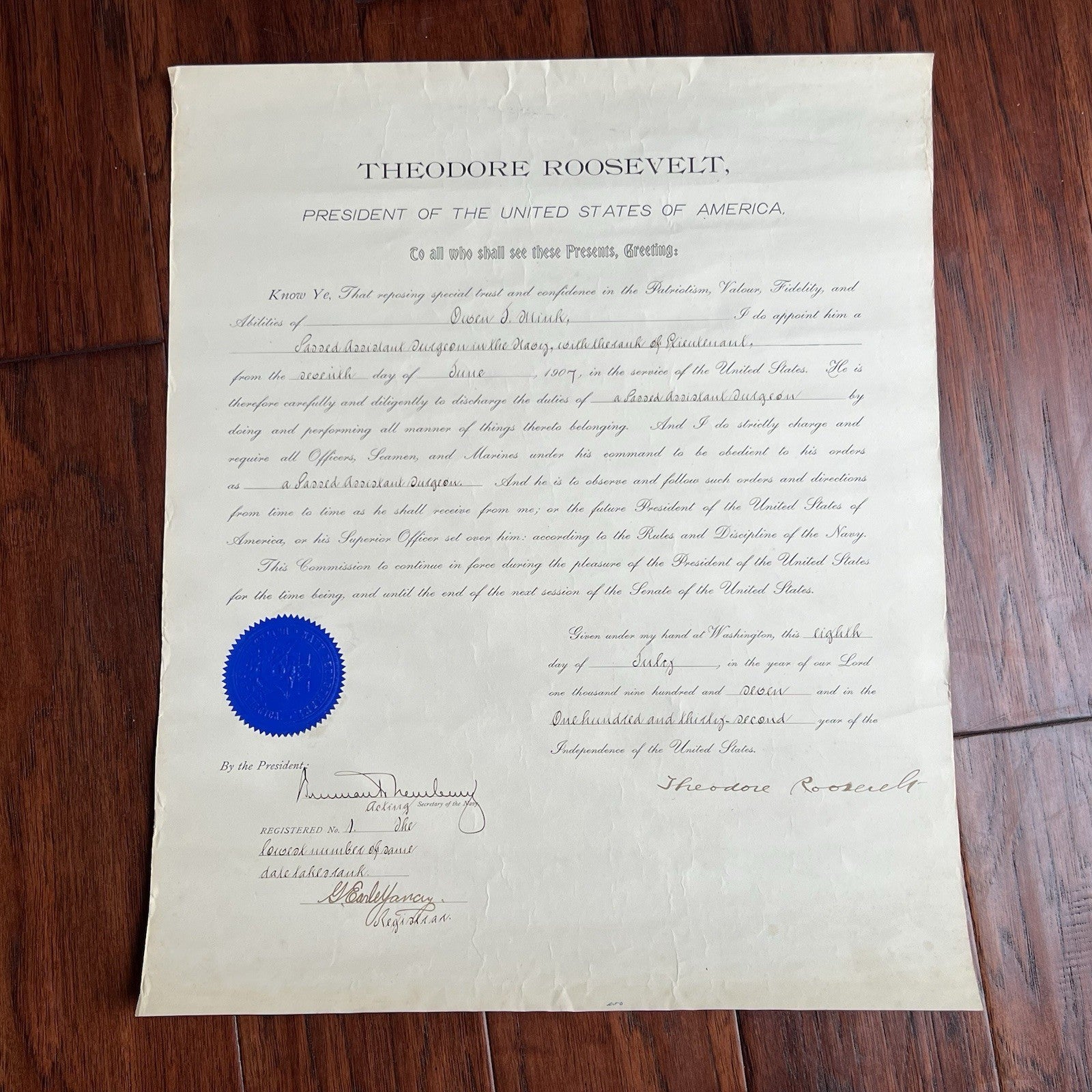 THEODORE ROOSEVELT * PSA* Autograph Document Signed Naval Appointment Teddy