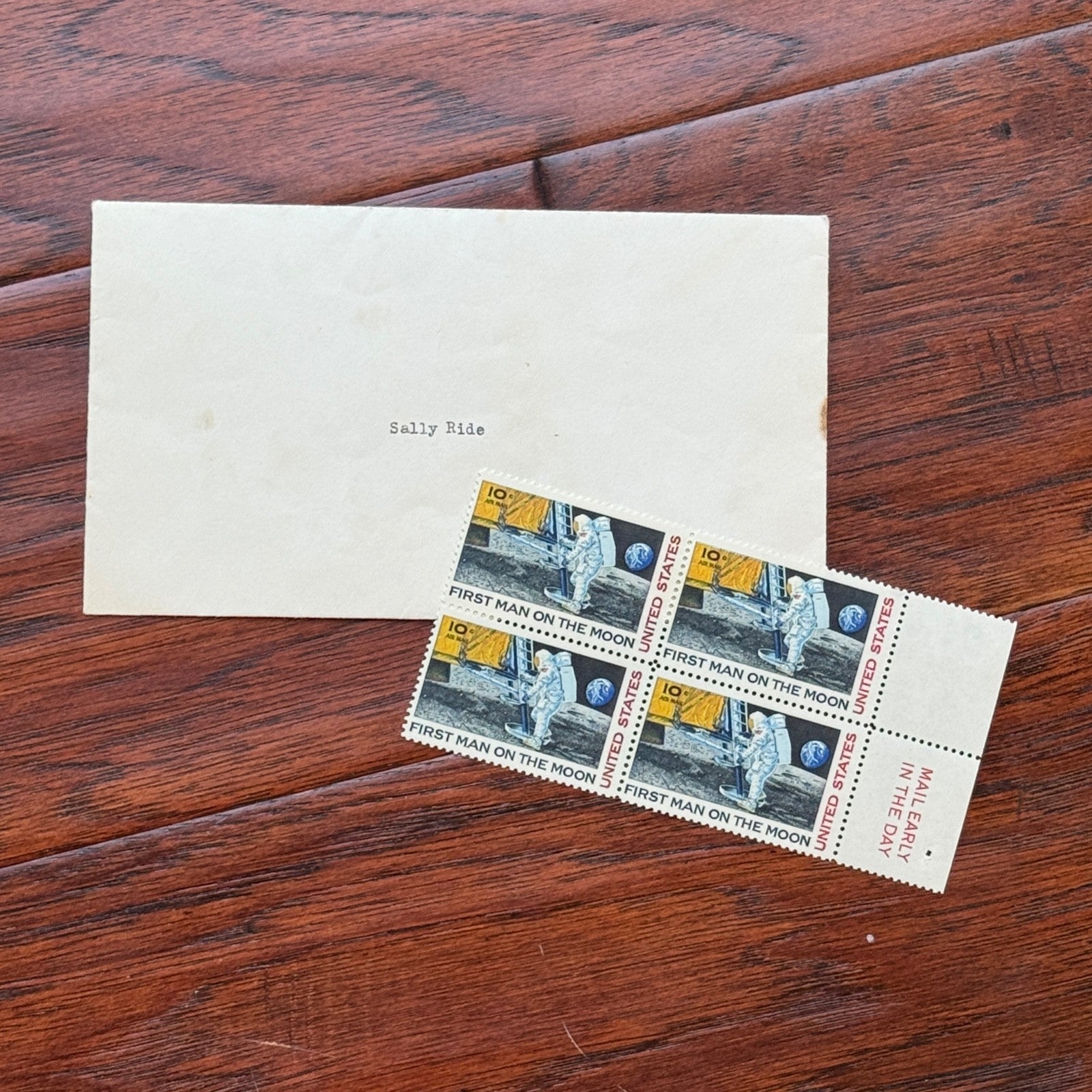 SALLY RIDE * Ride Estate Signed COA * Her Owned FIRST MAN ON MOON Stamp Block