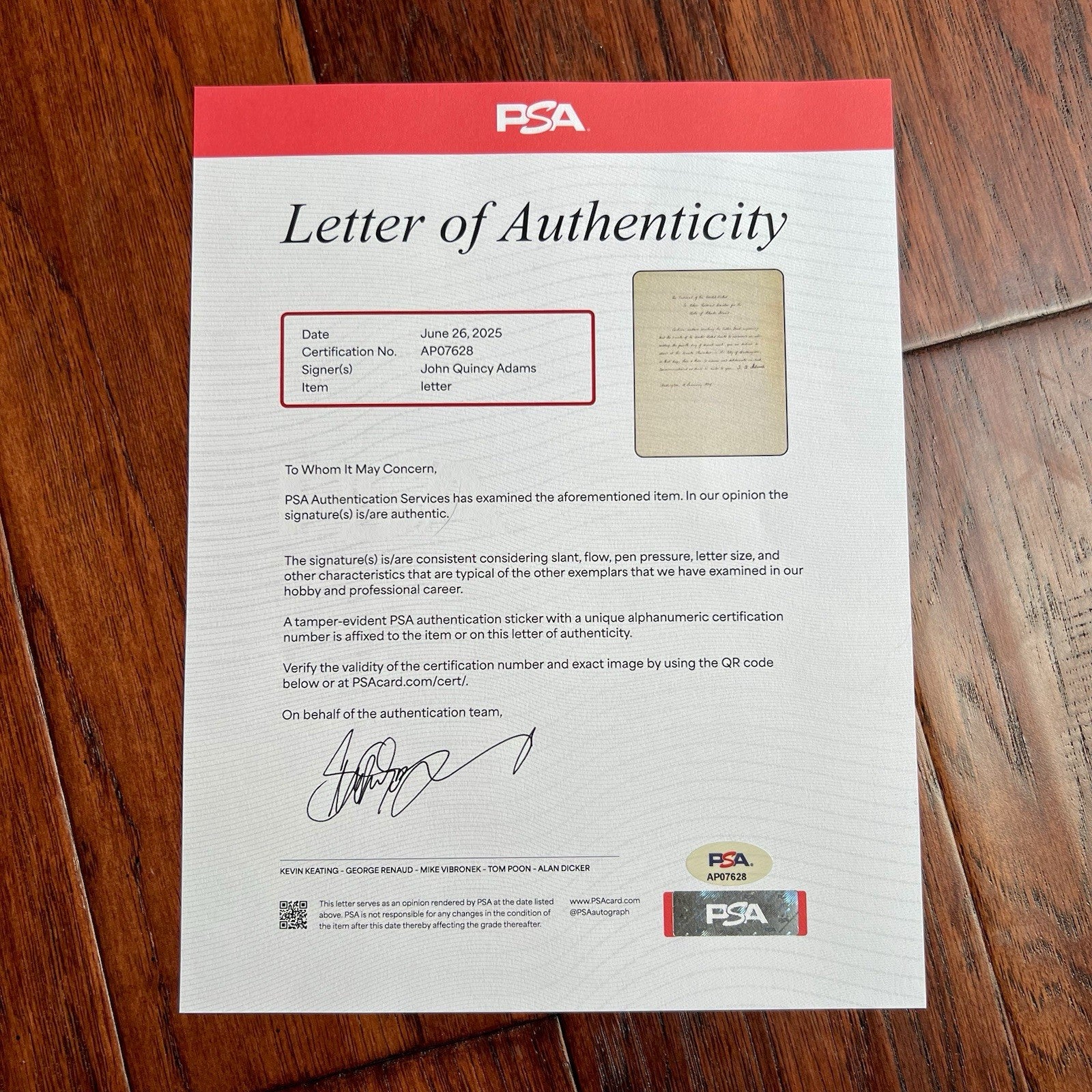 JOHN QUINCY ADAMS * PSA * Letter  Signed CERTIFYING JACKSON'S ELECTION Autograph