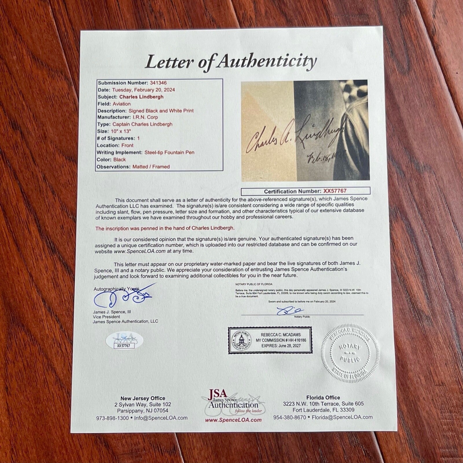 CHARLES LINDBERGH * JSA * Autograph SPIRIT OF ST. LOUIS Photo XL Portrait Signed