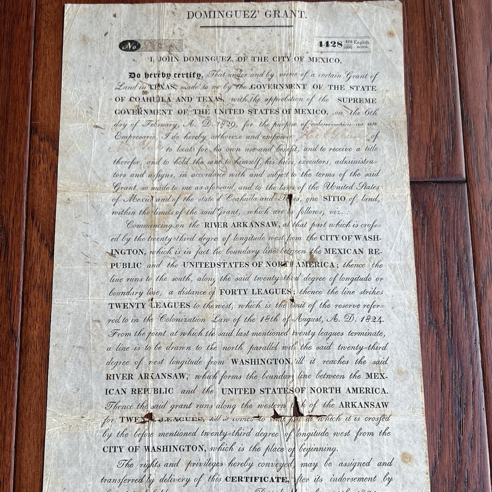 TEXAS COLONIZATION LAND GRANT * John Dominguez Signed Texana 1831 Broadside
