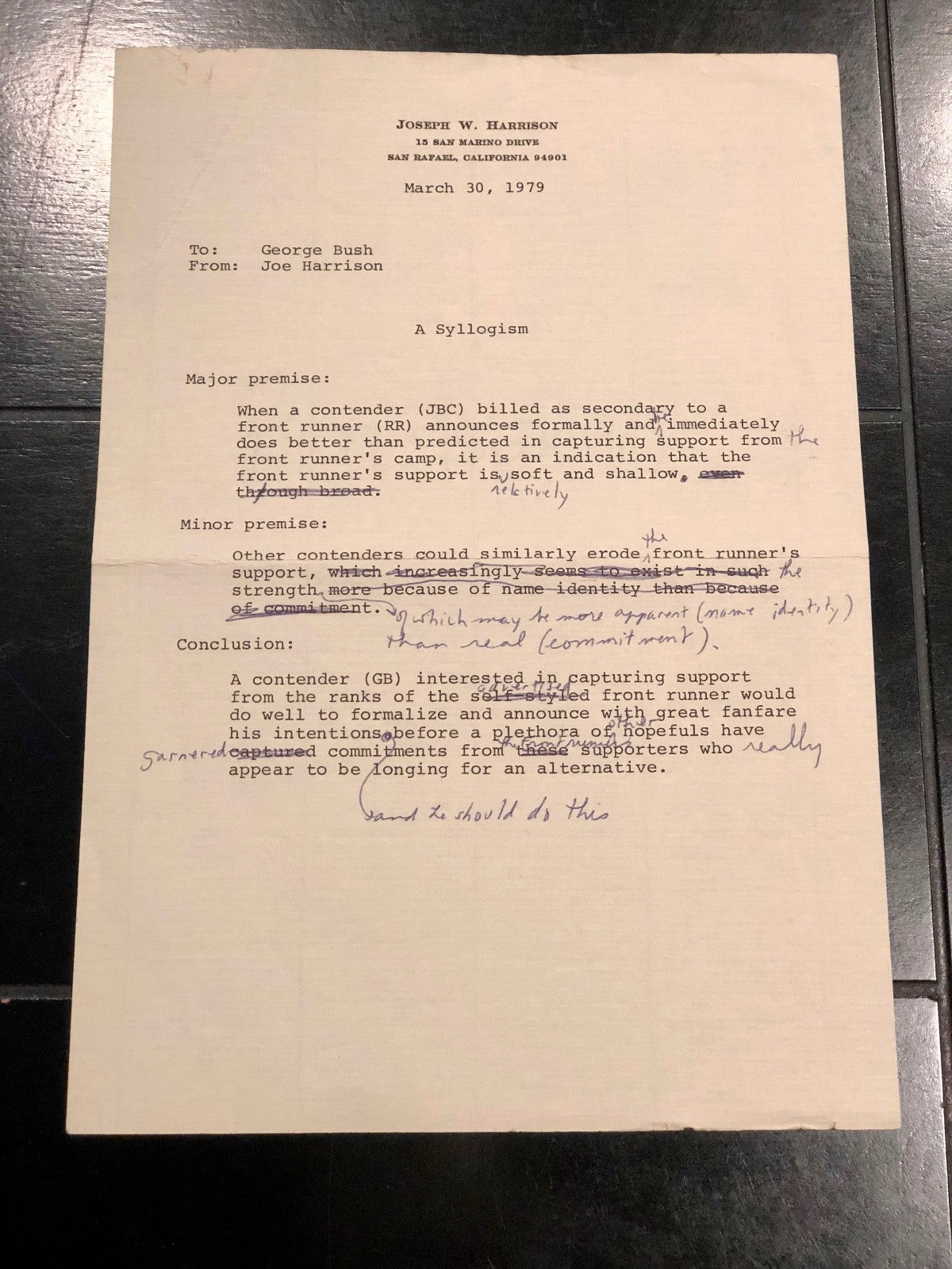 George HW Bush PSA/DNA Handwritten AUTOGRAPH "front runner" Note + correx SIGNED