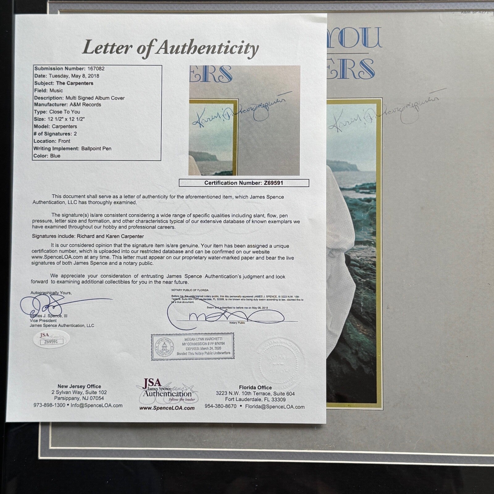 CARPENTERS * JSA * KAREN & RICHARD AUTOGRAPH "CLOSE TO YOU" ALBUM SIGNED LP