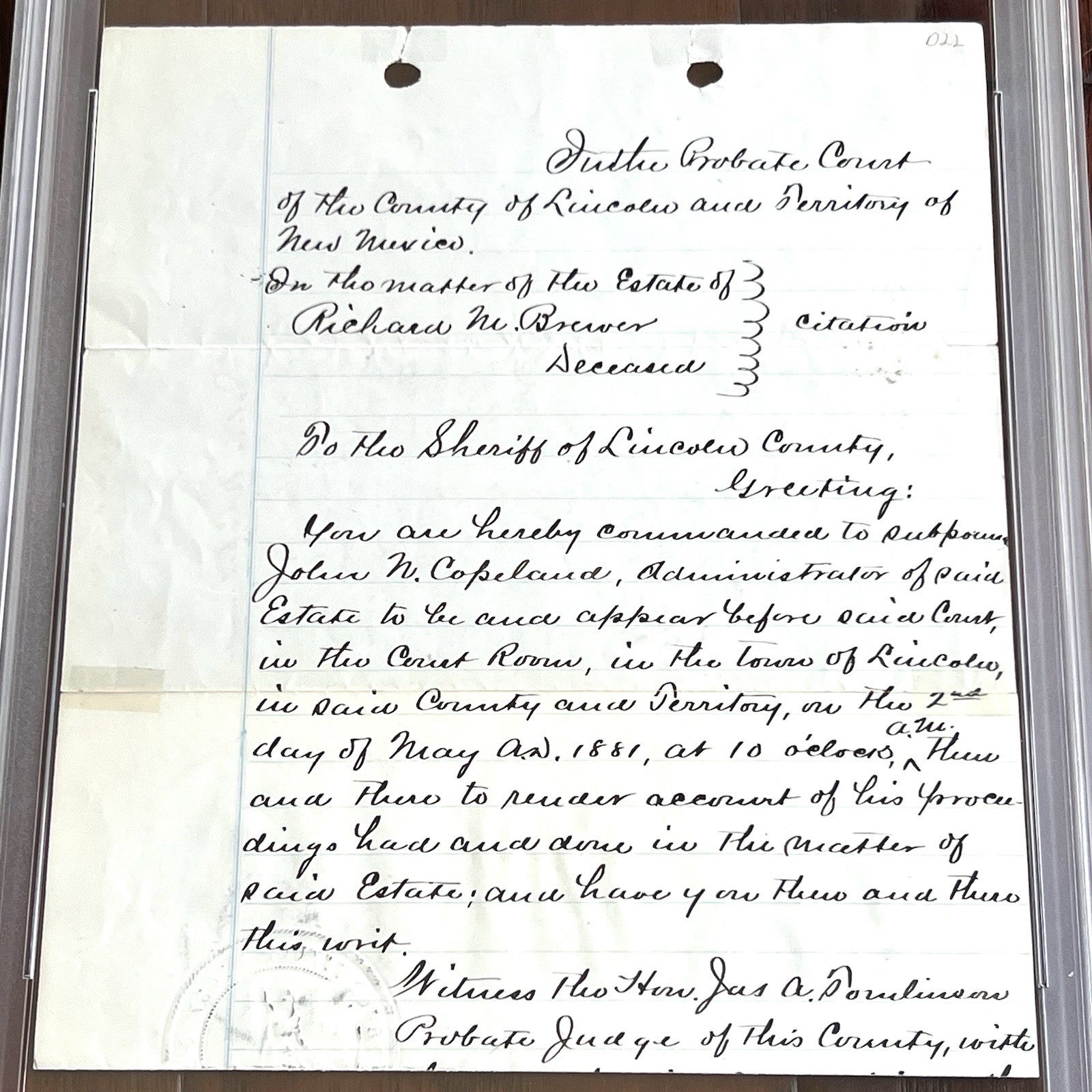 PAT GARRETT * PSA * Signed 1881 Billy the Kid Lawman Autograph SHERIFF Subpoena