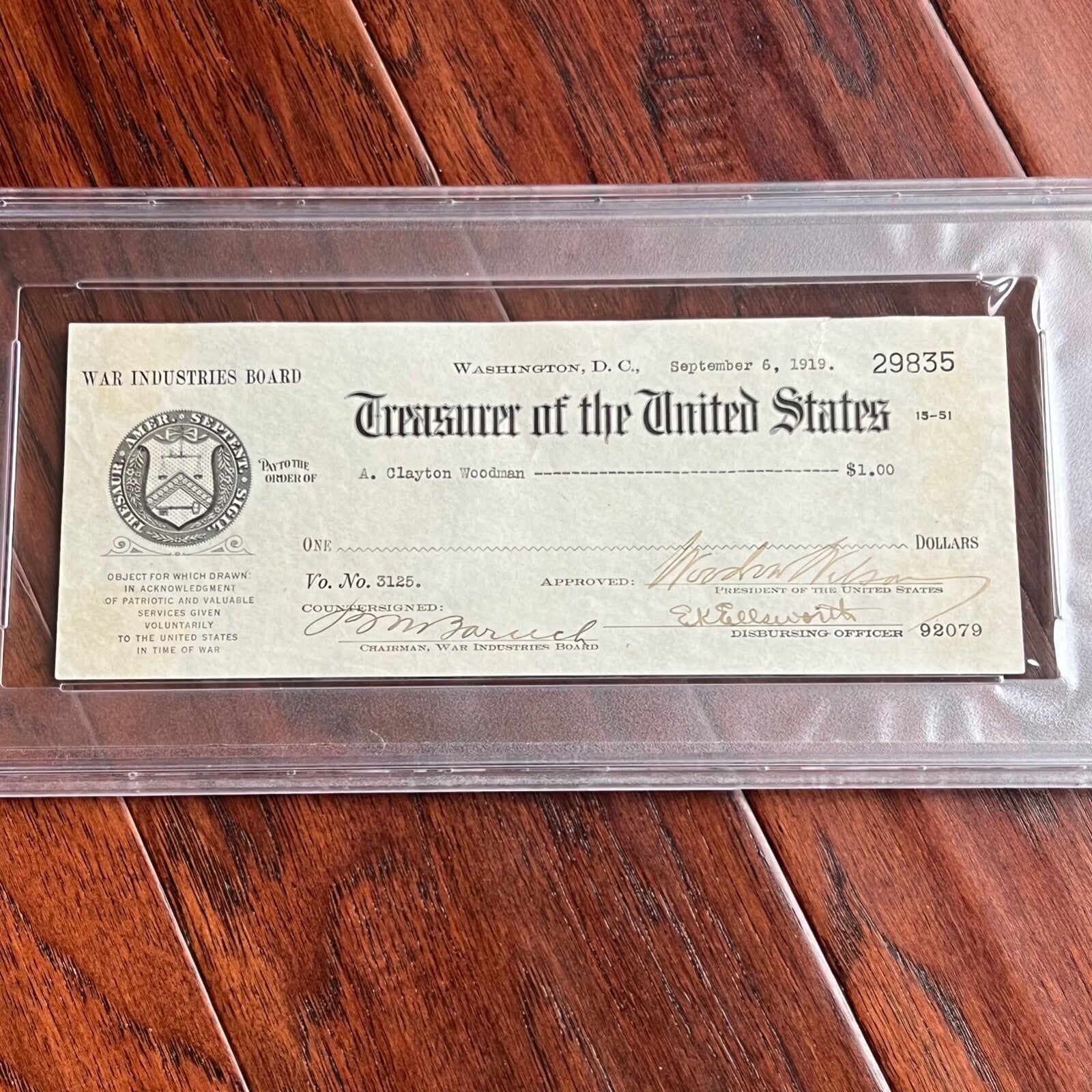 WOODROW WILSON * Autograph Symbolic WWI $1 CHECK Signed as POTUS * Dollar