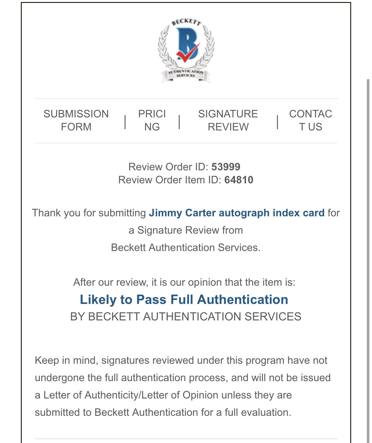 JIMMY CARTER * Beckett Signature Review * Autograph Signed 3x5 Cut Index BAS