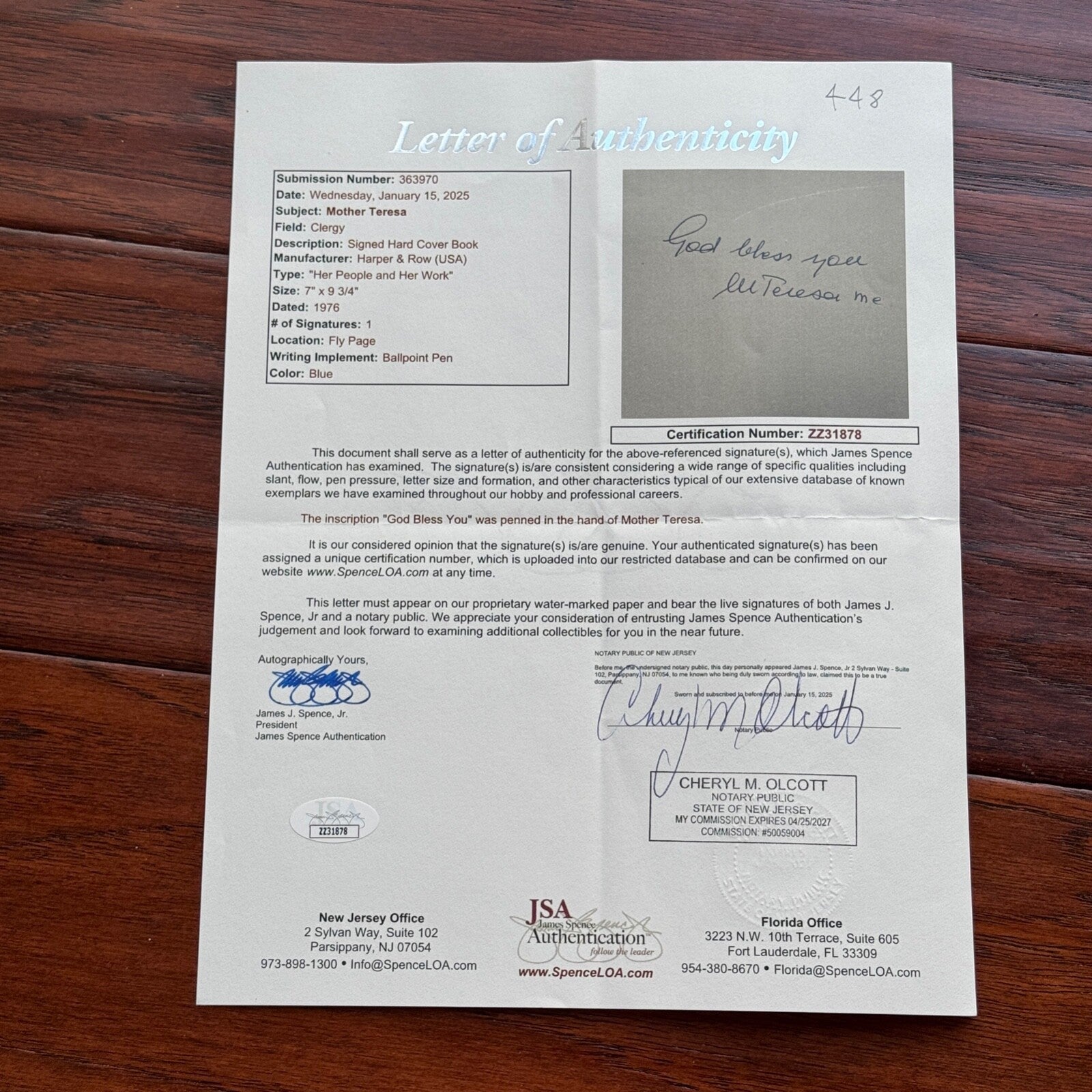 MOTHER TERESA * JSA *  1st Ed. Book Autograph BIOGRAPHY Signed * Catholic Saint