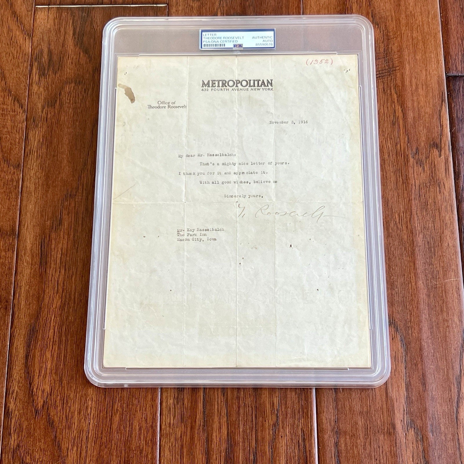 THEODORE ROOSEVELT * PSA * Autograph METROPOLITAN Letter Signed * 1916