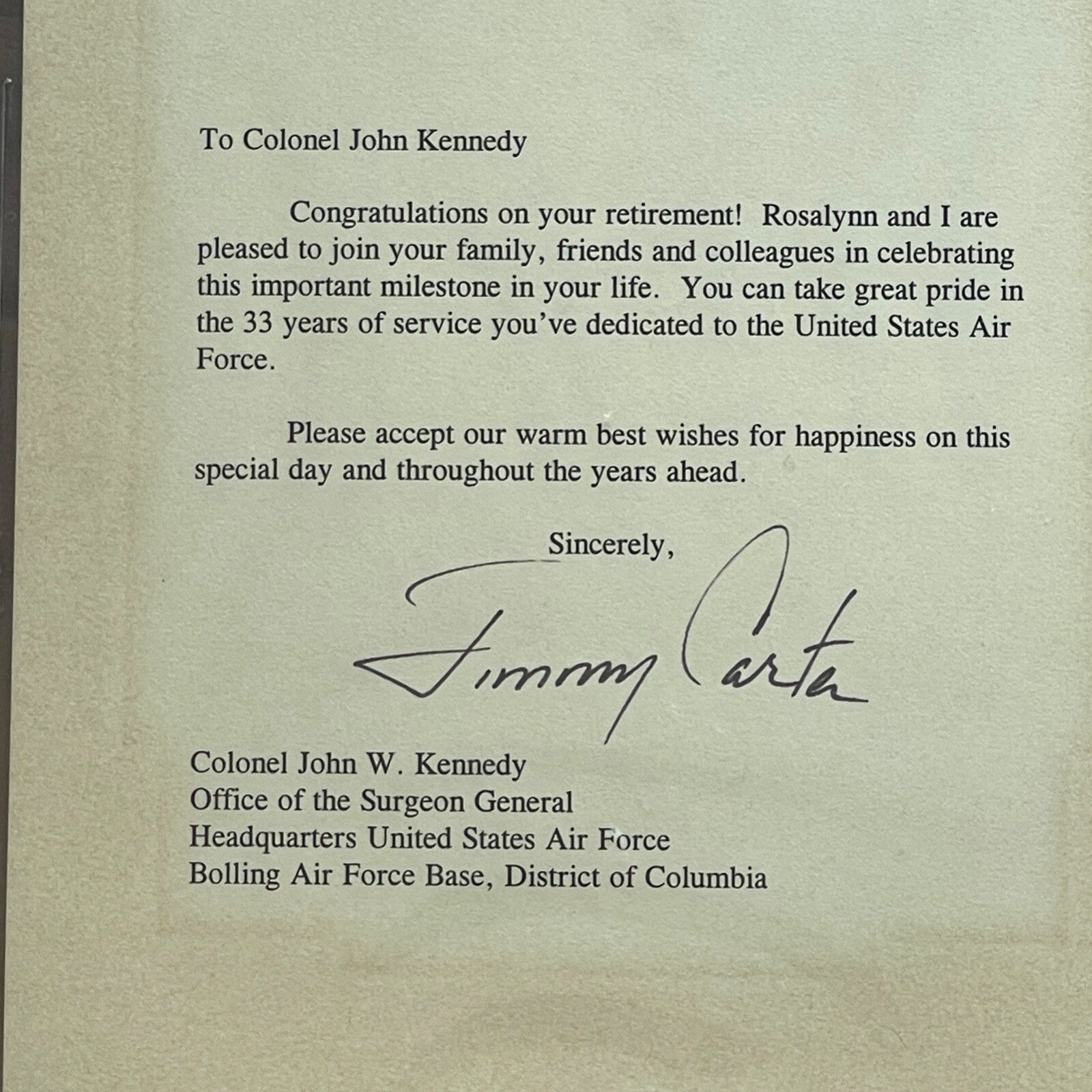 JIMMY CARTER * BAS * Autograph Letter to JOHN KENNEDY Signed * 1997