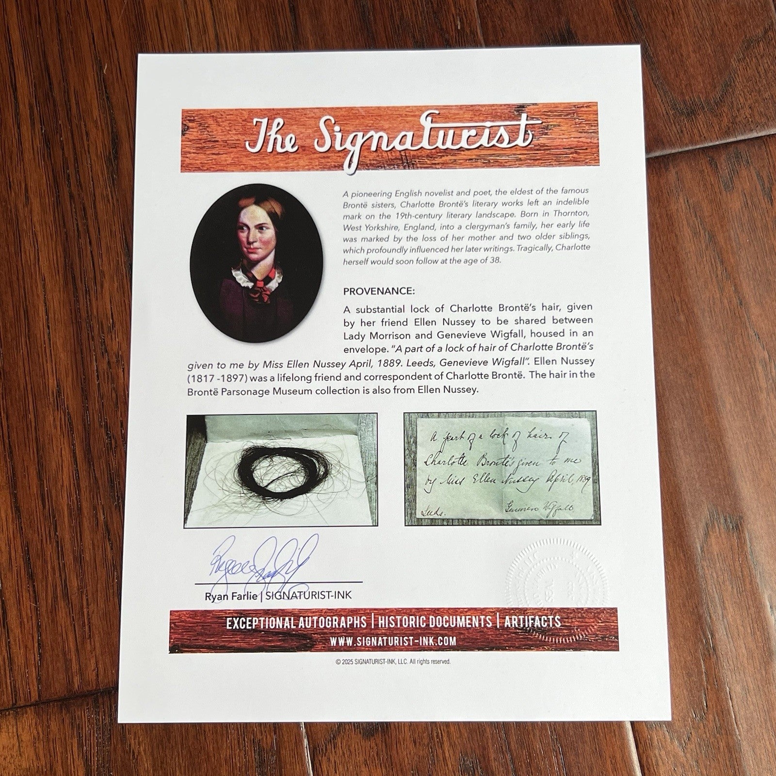 CHARLOTTE BRONTË * "Jane Eyre" Author Authentic Genuine HAIR STRAND Ellen Nussey