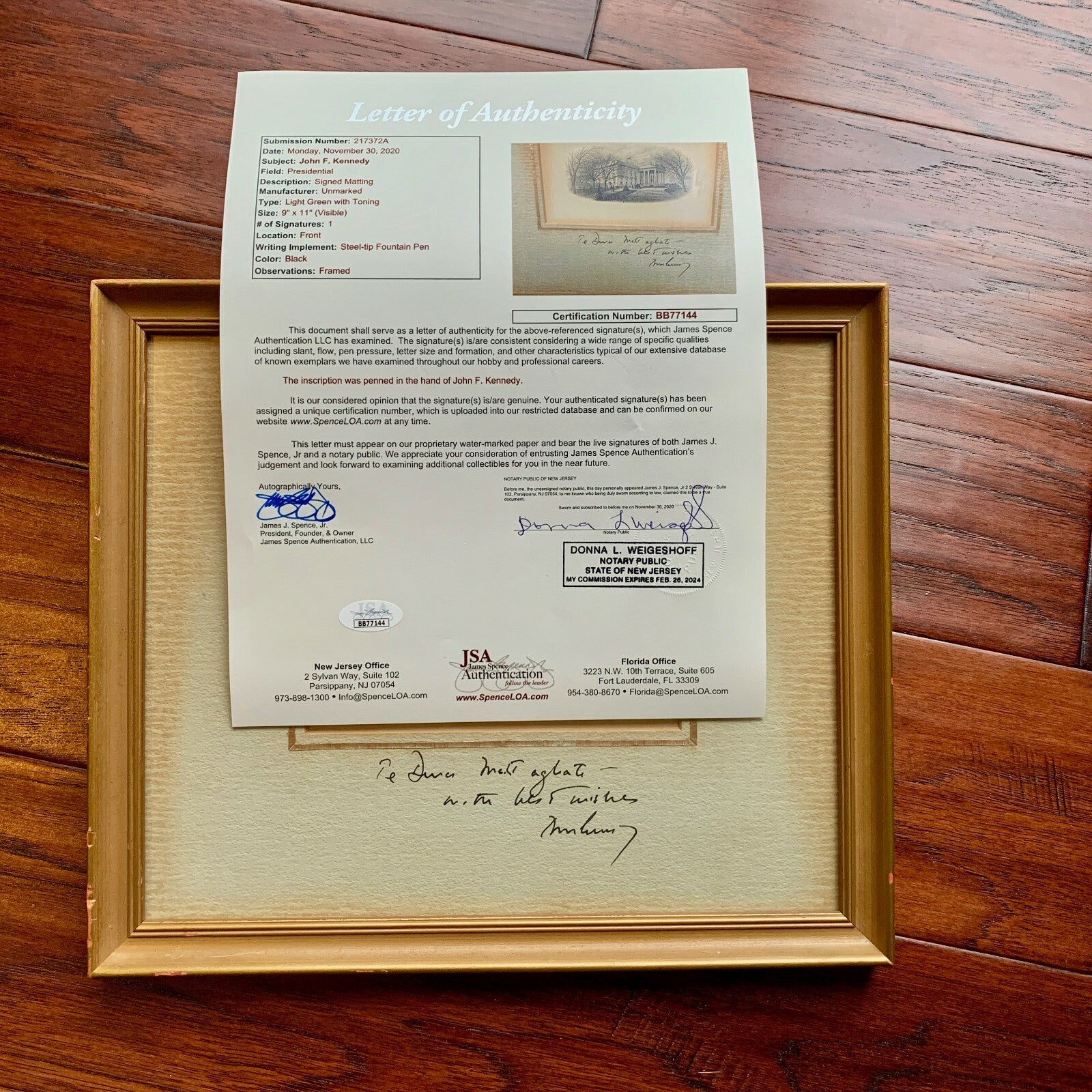 JOHN F. KENNEDY * JSA * as PRESIDENT autograph WHITE HOUSE Engraving signed