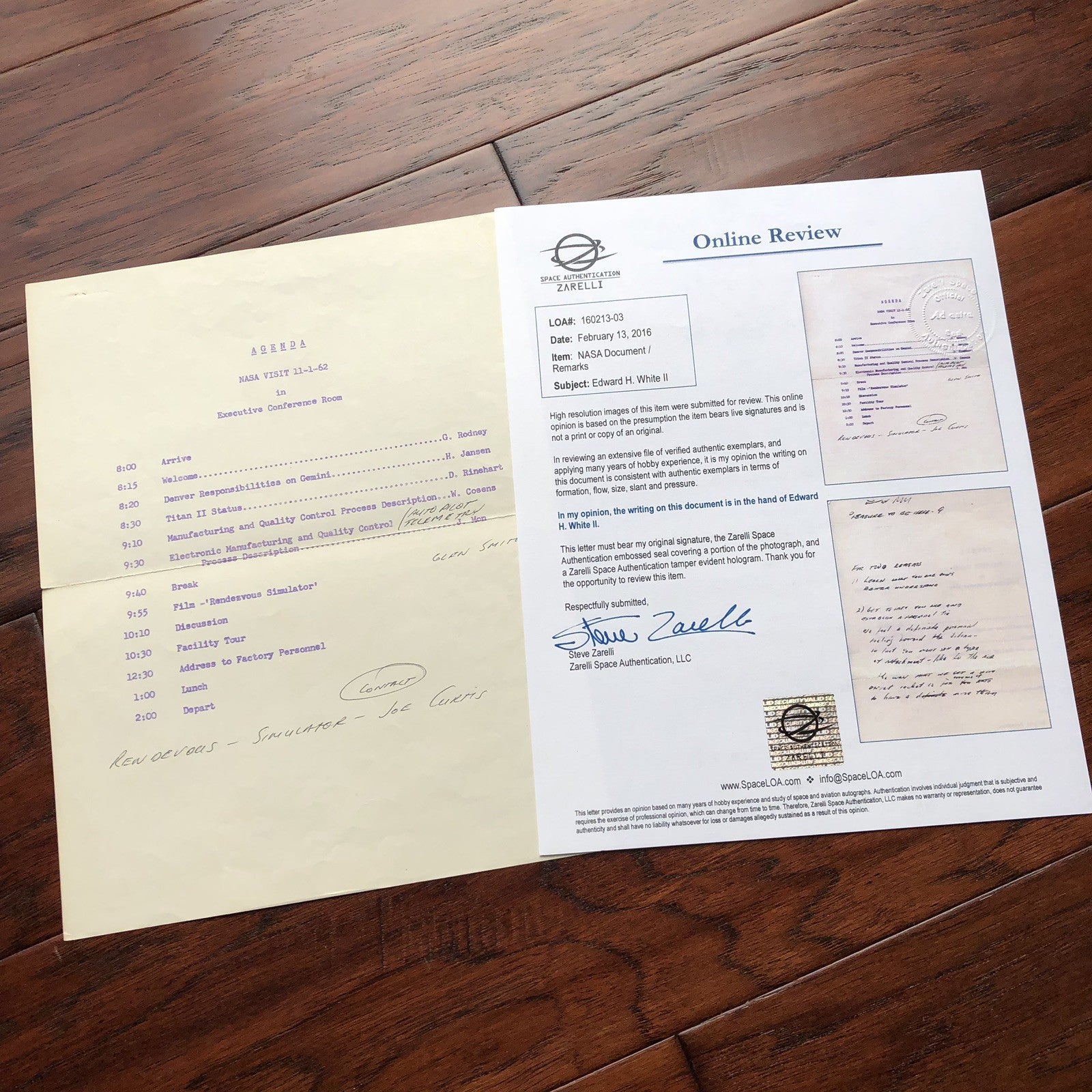 EDWARD H WHITE * Zarelli LOA * NASA ORIENTATION PAPERS + Autograph SPEECH