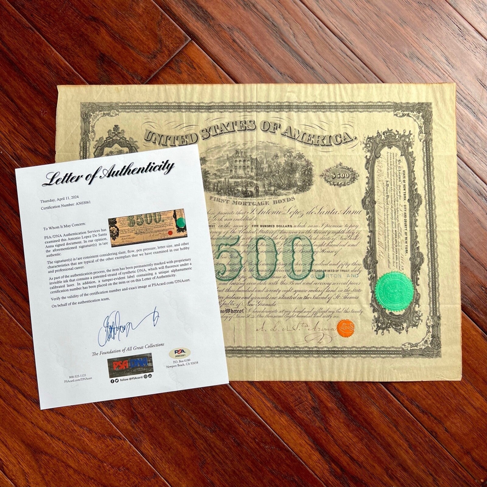 ANTONIO LOPEZ DE SANTA ANNA * PSA/DNA * Autograph Bond Certificate Signed Alamo