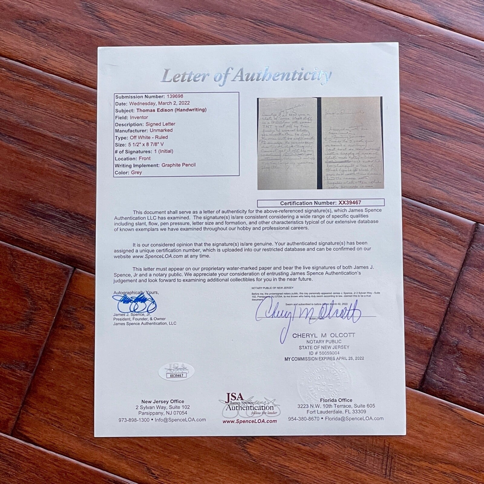 THOMAS EDISON * JSA * AUTOGRAPH Secret SUBMARINE EXPERIMENT Note SIGNED * WWI