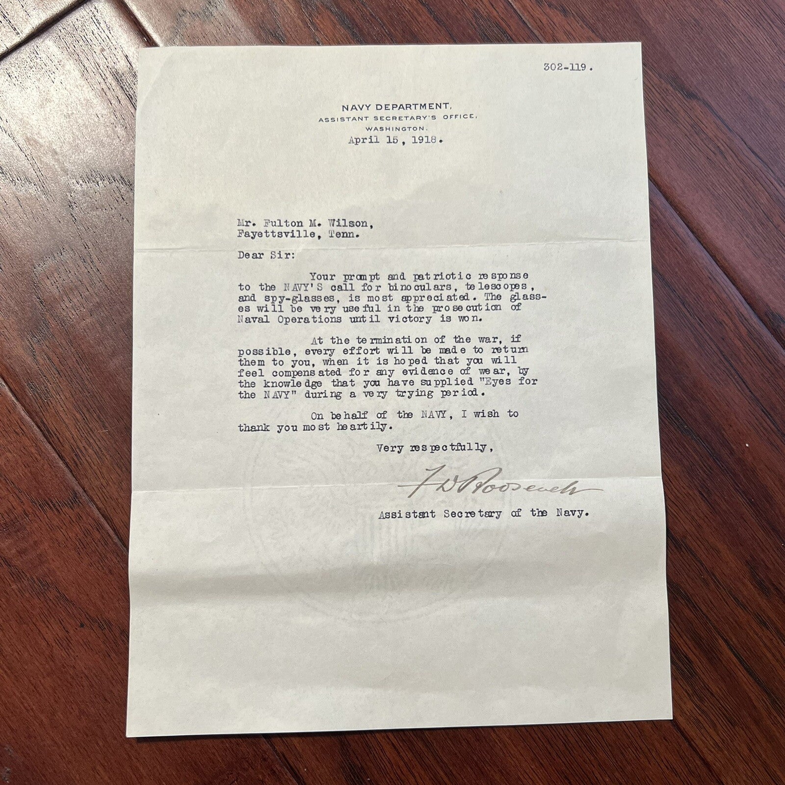 FRANKLIN D. ROOSEVELT * JSA * Autograph Signed Letter for Binoculars Used in WWI