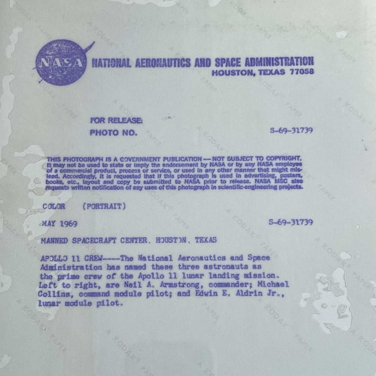 APOLLO 11 CREW * PSA TYPE 1 PHOTOGRAPH * NASA  1969 Neil Armstrong S6931739