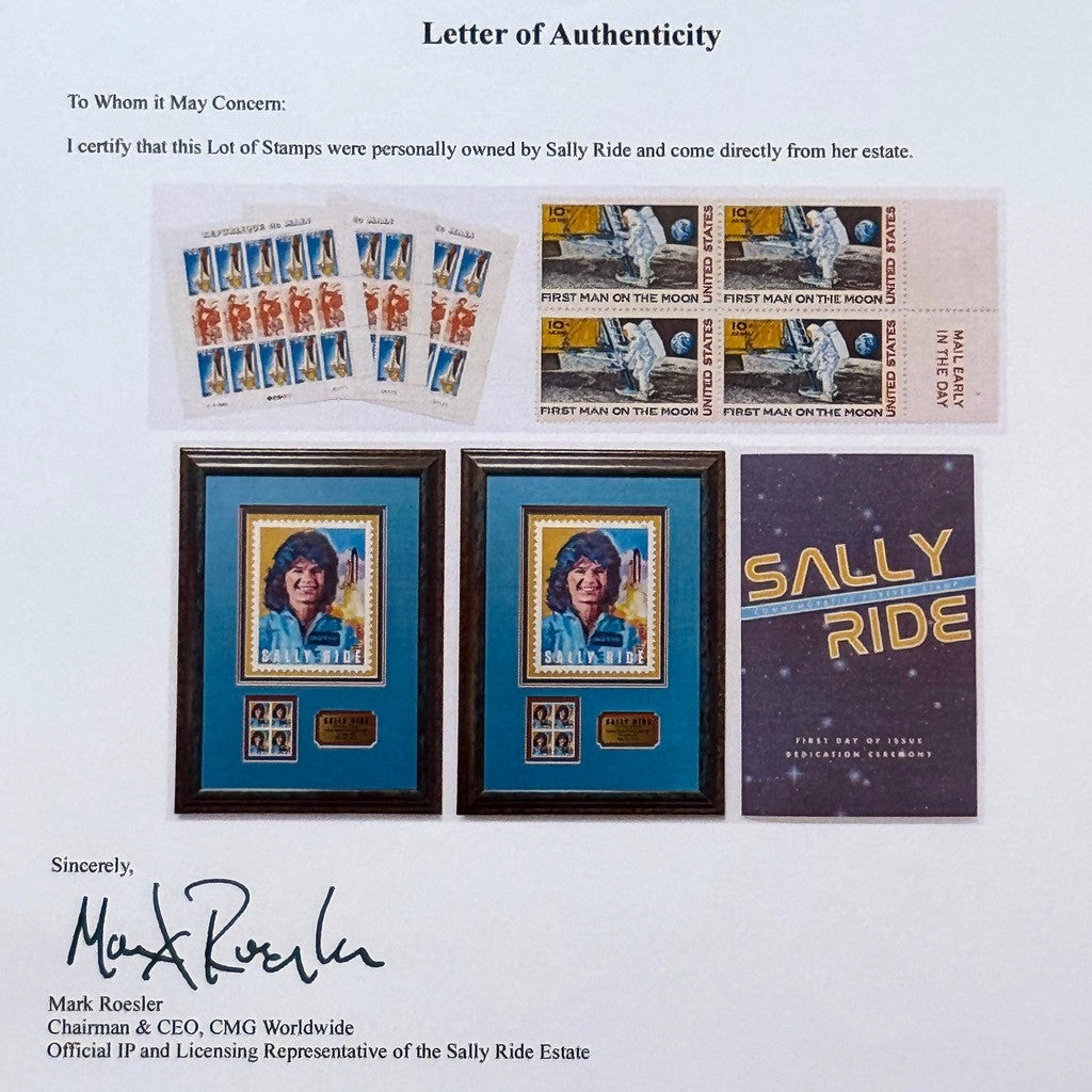 SALLY RIDE * Ride Estate Signed COA * Her Owned FIRST MAN ON MOON Stamp Block