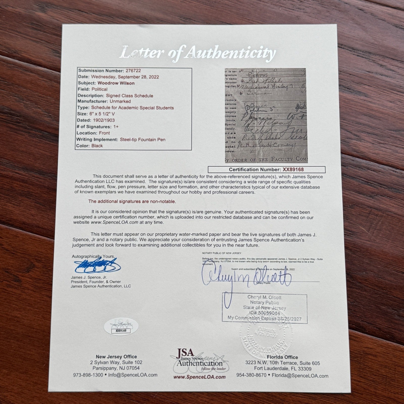 WOODROW WILSON  * JSA * Autograph PRINCETON Academic Schedule SIGNED 2x