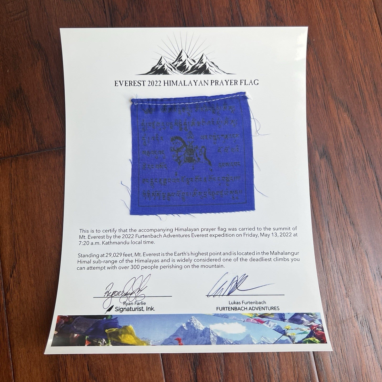 MOUNT EVEREST Genuine Tibetan PRAYER FLAG Carried to the Summit 29029 FT * Nepal