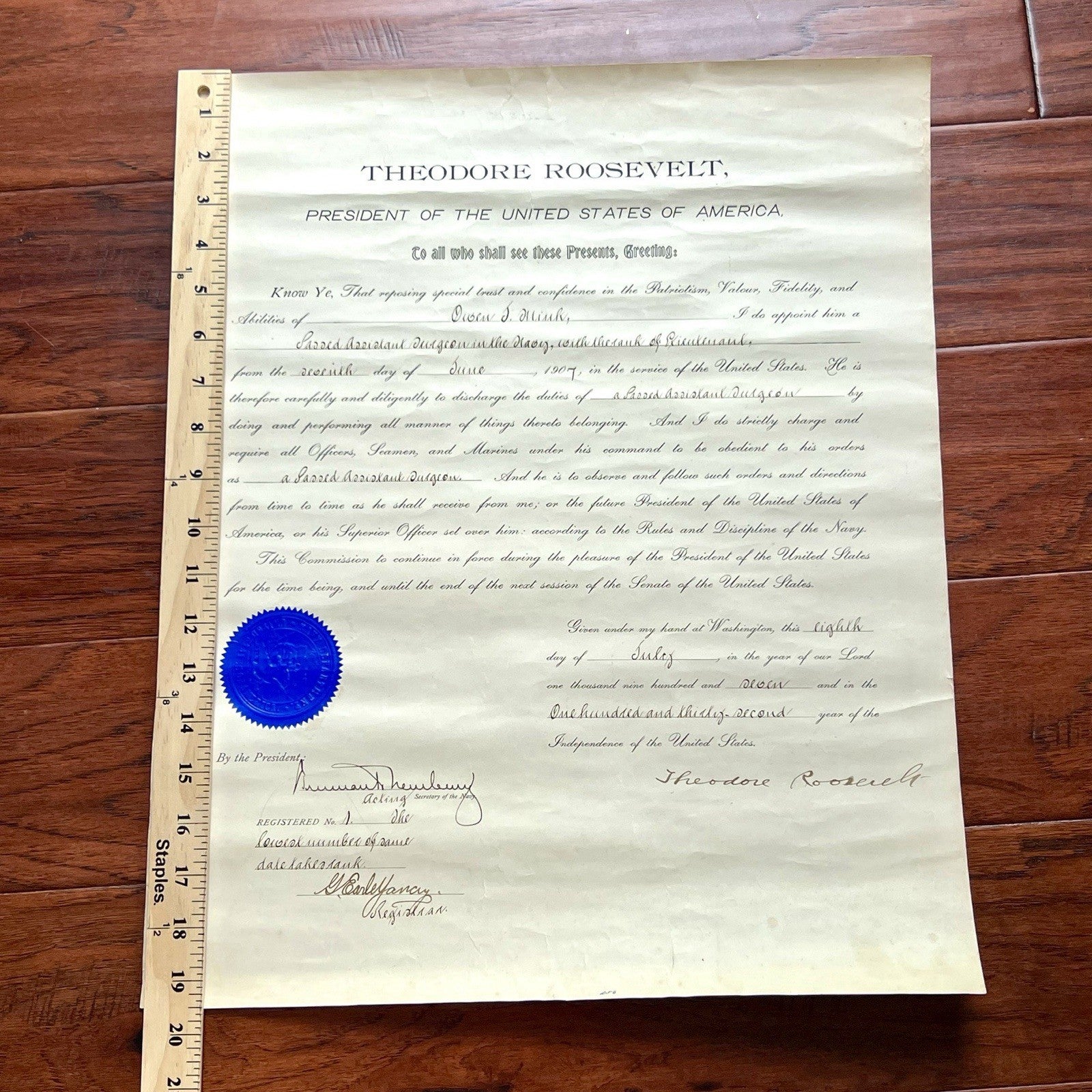 THEODORE ROOSEVELT * PSA* Autograph Document Signed Naval Appointment Teddy