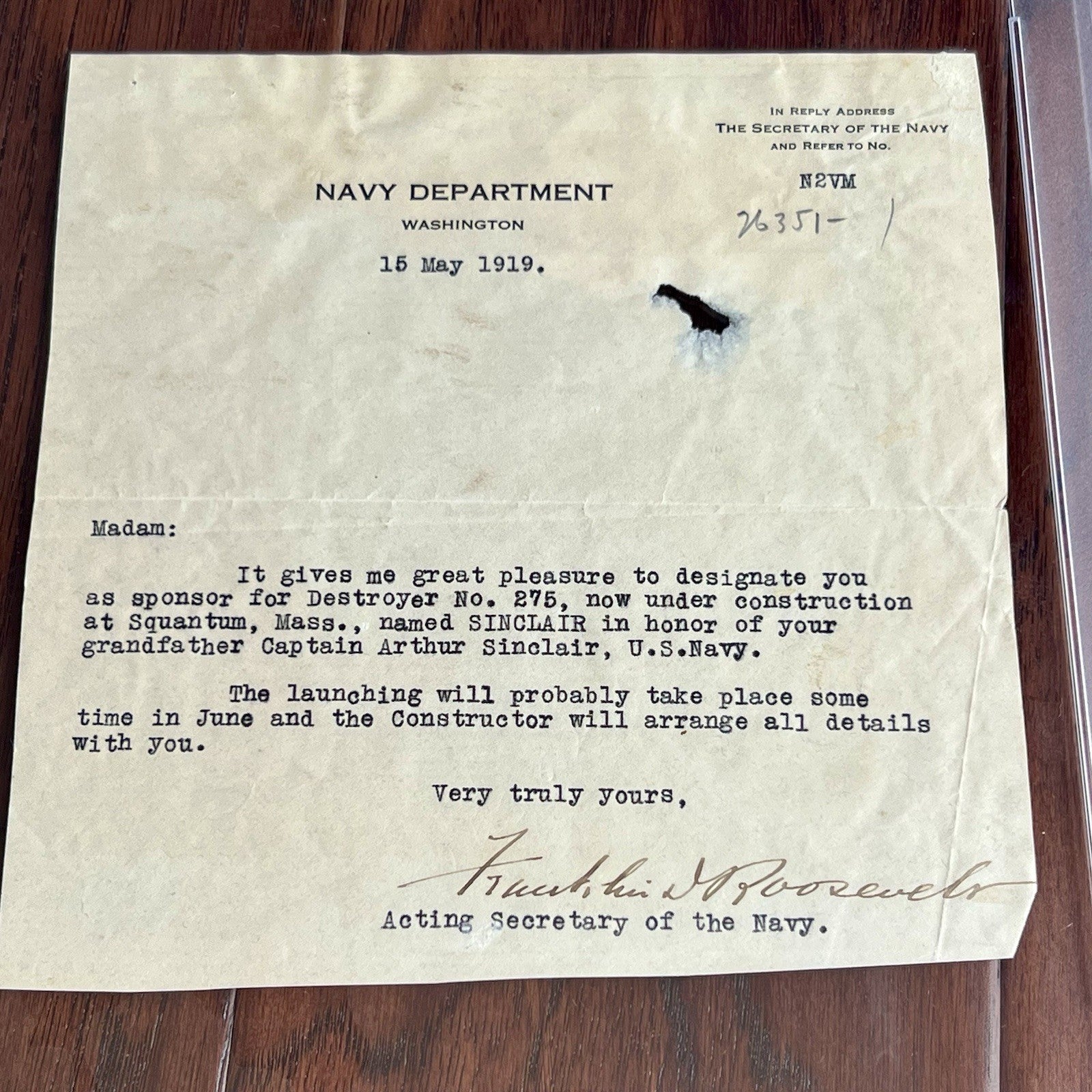 FRANKLIN D. ROOSEVELT * PSA * Autograph Navy Letter SIGNED Re: USS Sinclair
