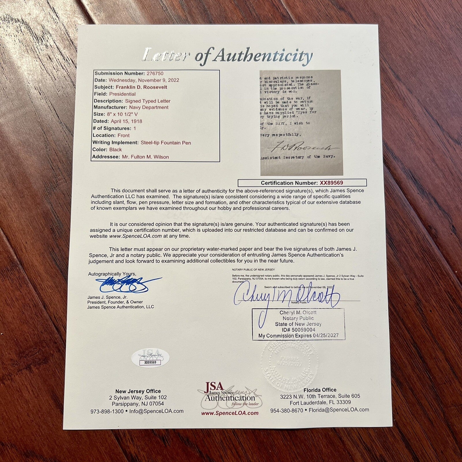 FRANKLIN D. ROOSEVELT * JSA * Autograph Signed Letter for Binoculars Used in WWI