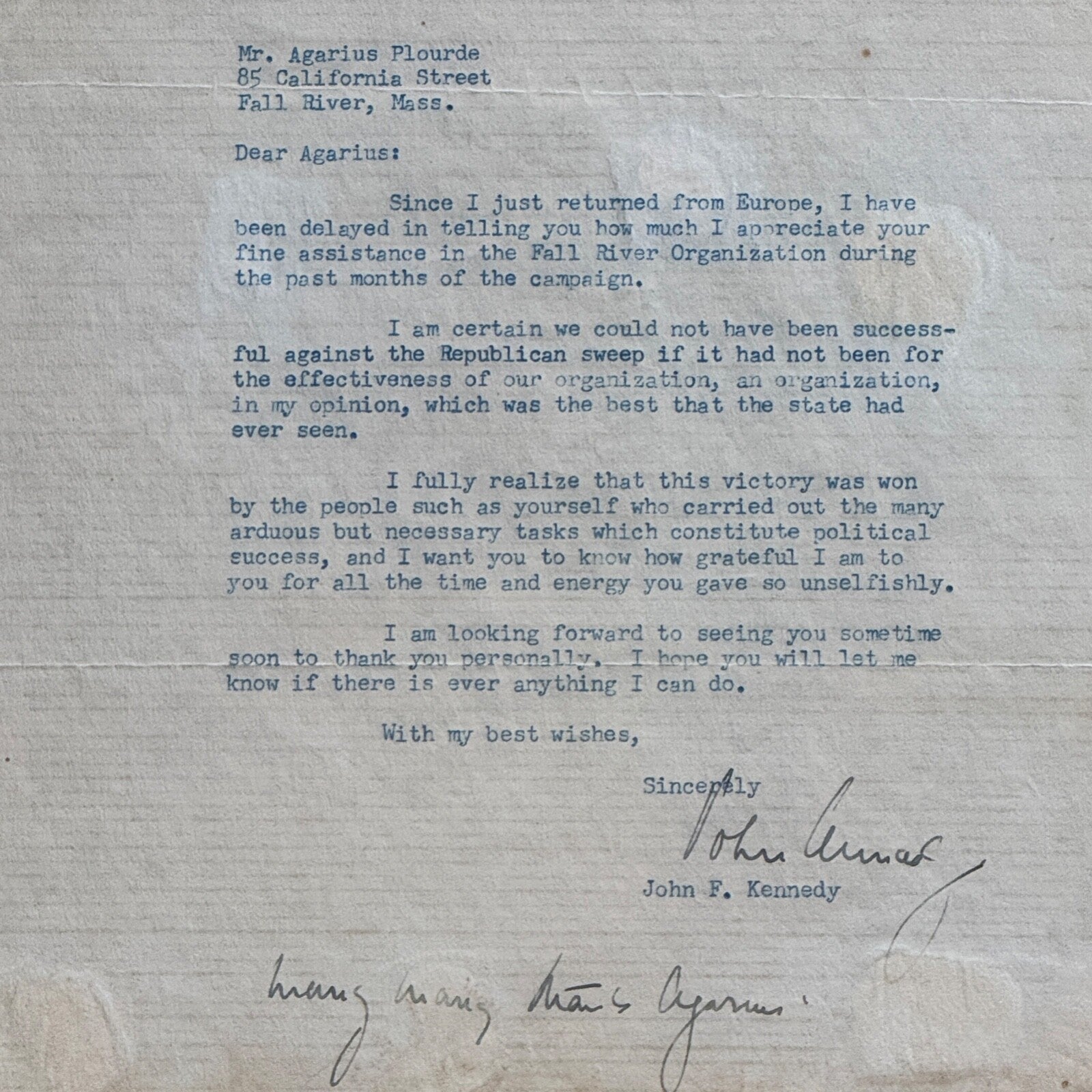 JOHN F. KENNEDY * PSA * Congress AUTOGRAPH "Republican Sweep" Letter SIGNED