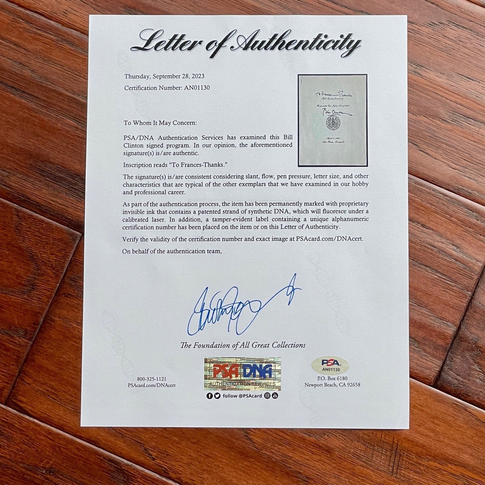 BILL CLINTON * PSA/DNA * Autograph GUN SAFETY Bill Program Signed * as PRESIDENT