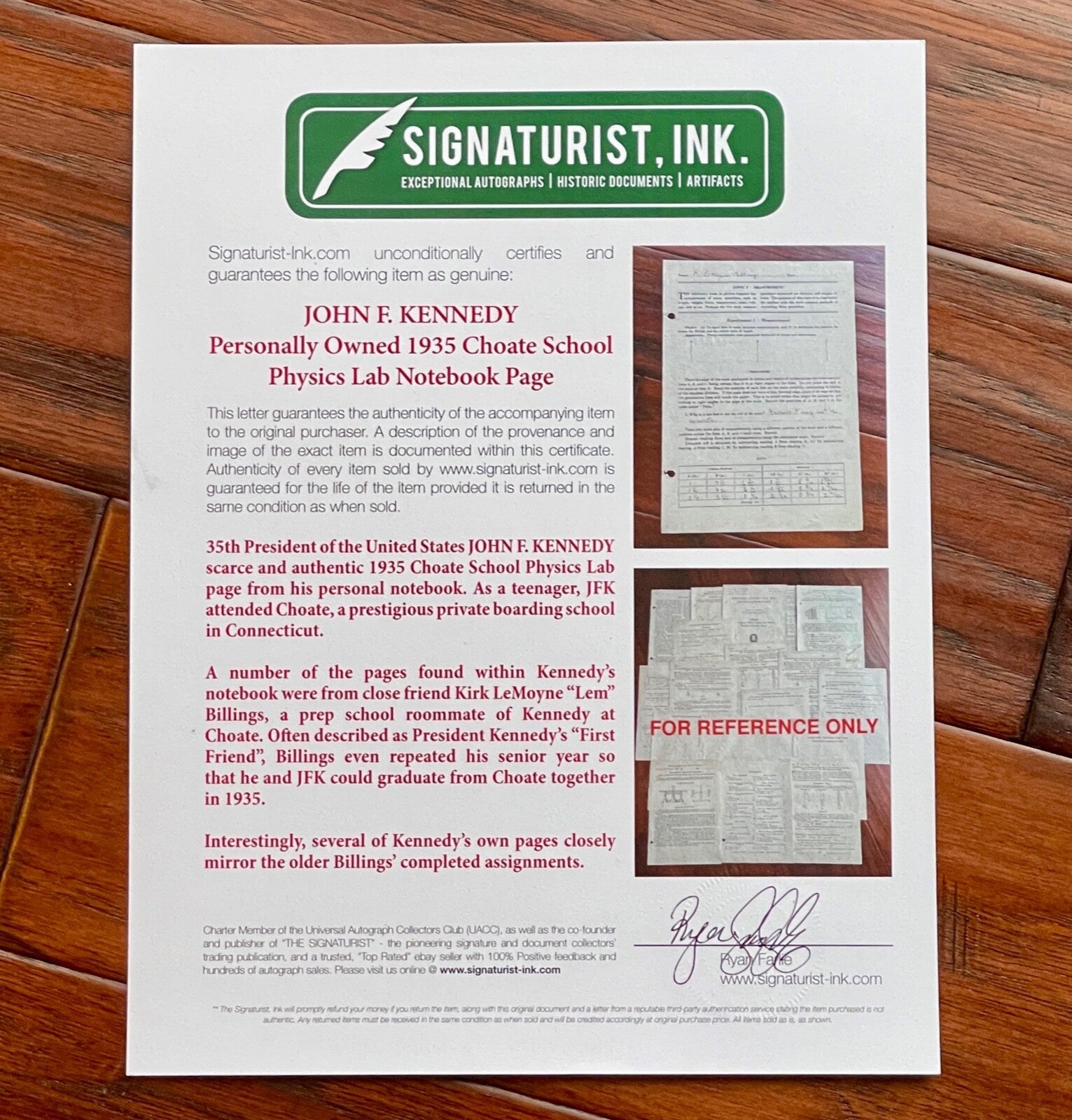 JOHN F. KENNEDY * Physics Lab Notebook Page * Signed by LEM BILLINGS Autograph