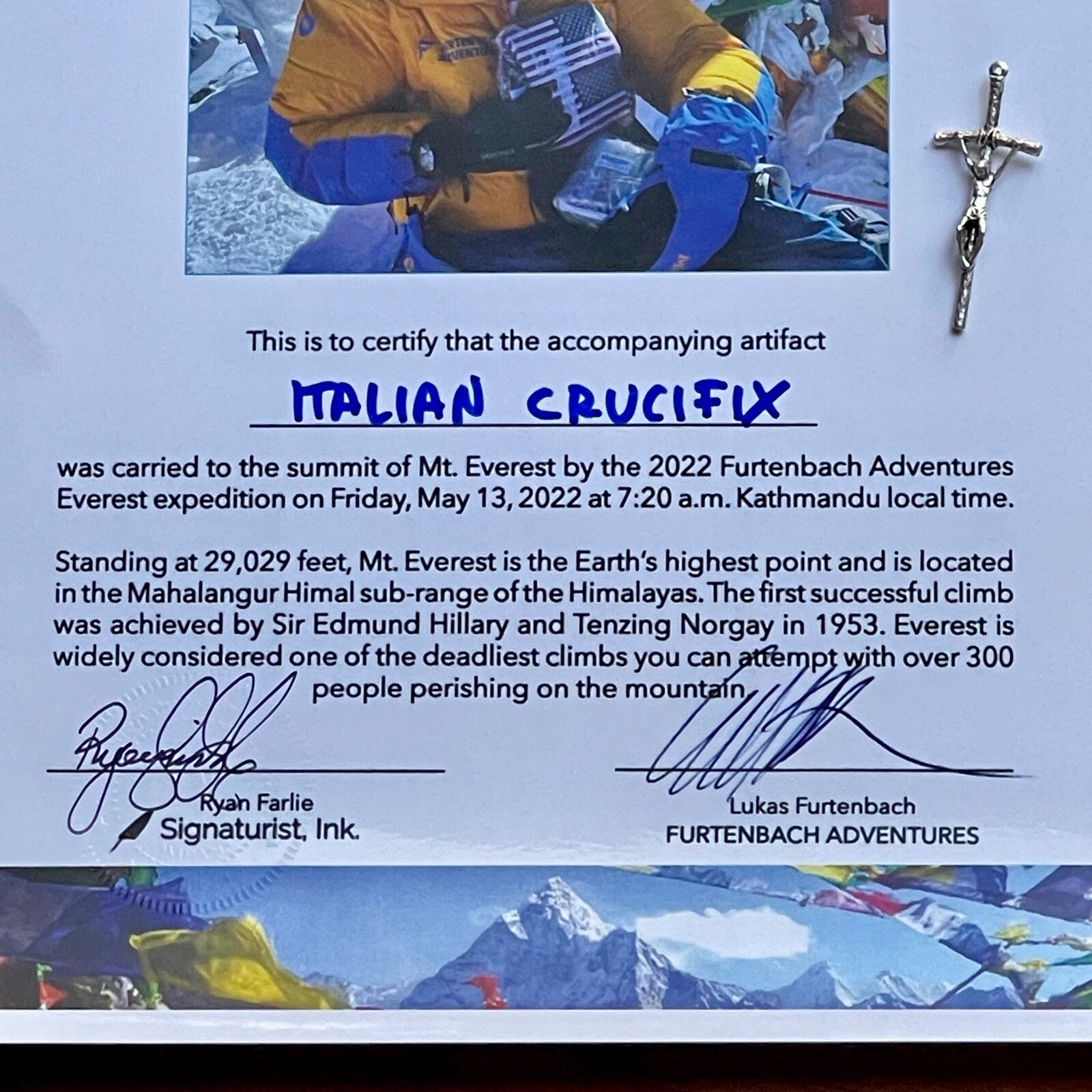 MOUNT EVEREST Genuine Crucifix Cross ARTIFACT Carried to the Summit * 29029 FT
