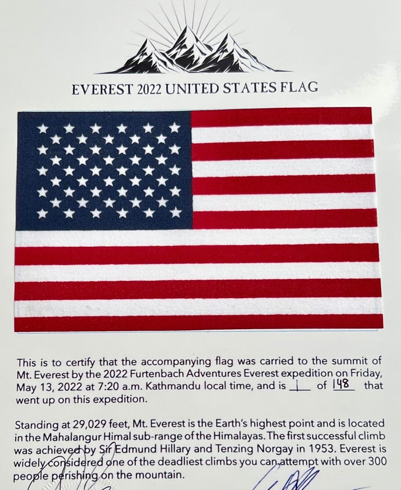 MOUNT EVEREST Genuine US Mini Flag ARTIFACT Carried to the Summit of MT 29029 FT