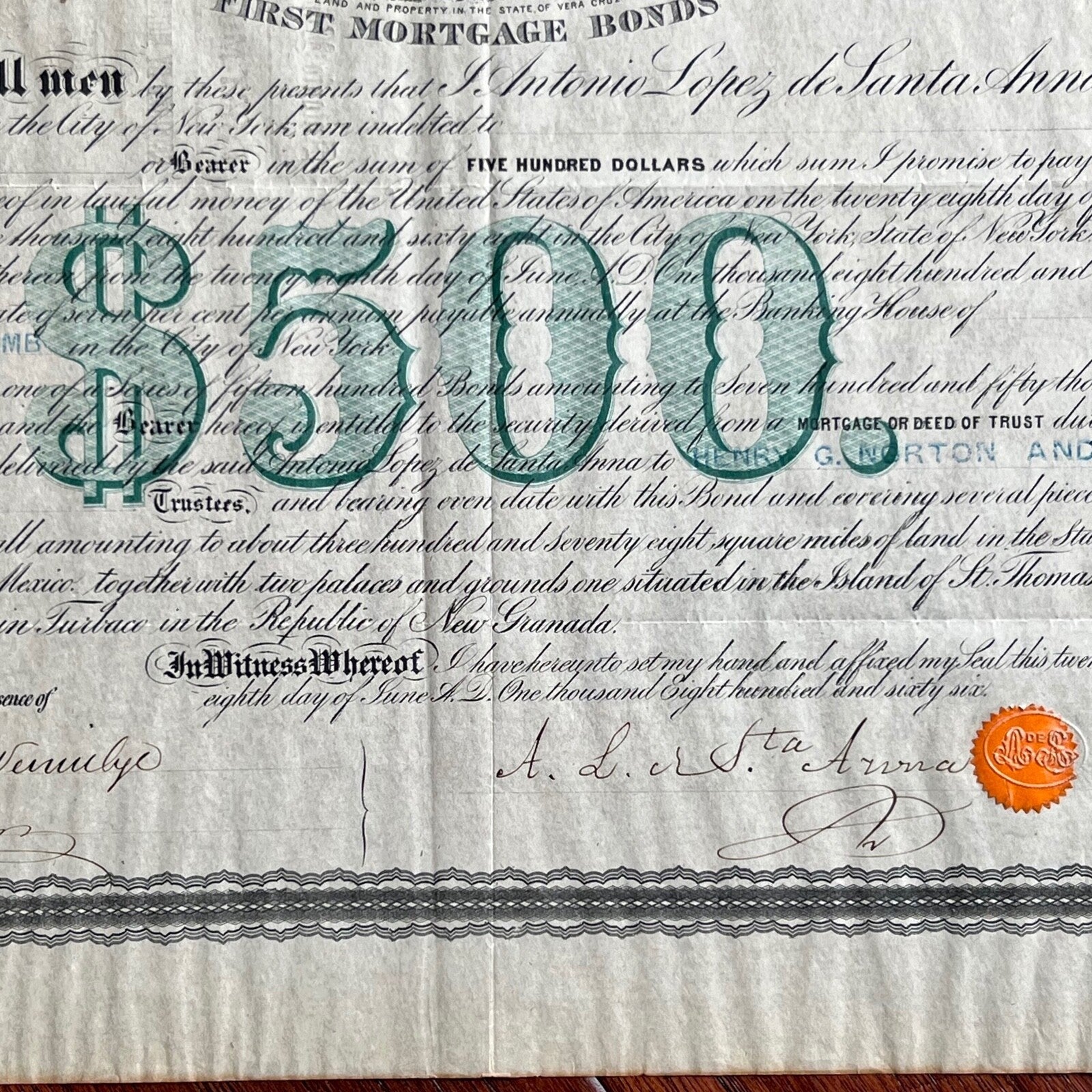 ANTONIO LOPEZ DE SANTA ANNA * PSA/DNA * Autograph Bond Certificate Signed Alamo