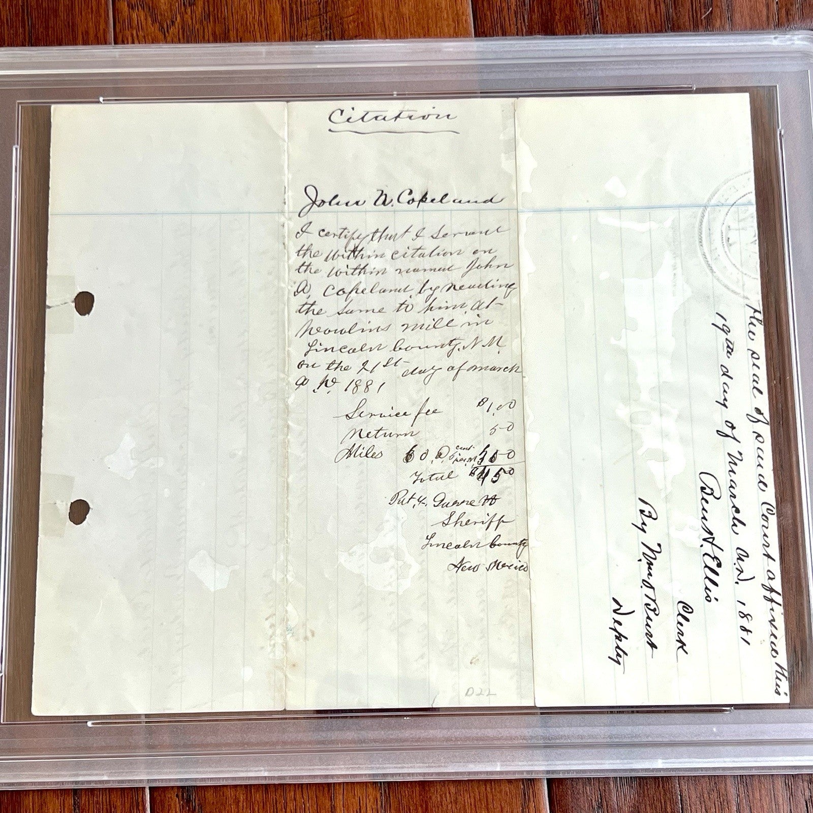 PAT GARRETT * PSA * Signed 1881 Billy the Kid Lawman Autograph SHERIFF Subpoena
