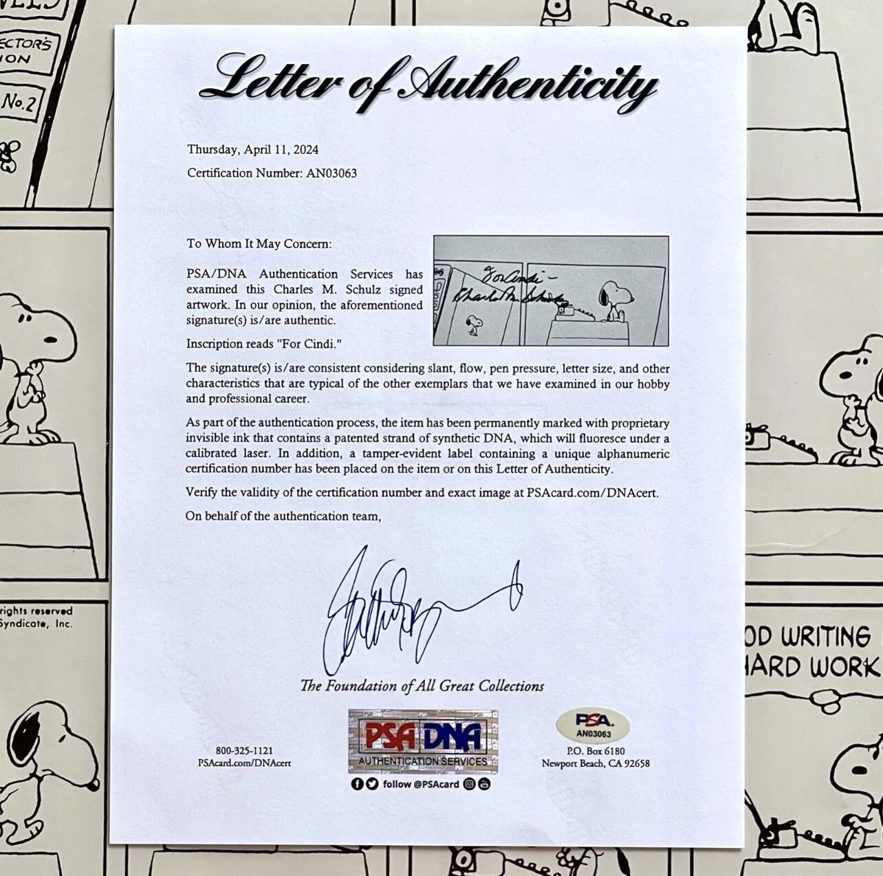 CHARLES M SCHULZ * PSA * Autograph SNOOPY "Good Writing" Peanuts XL Strip Signed