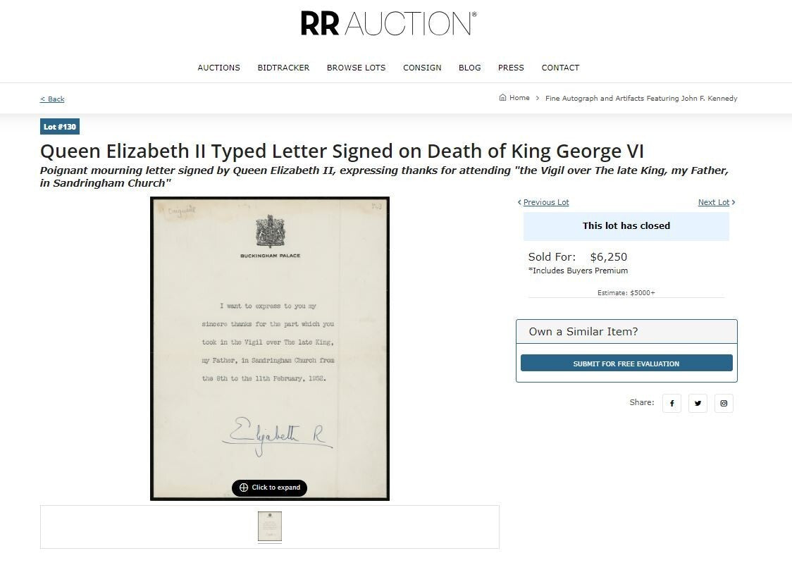 QUEEN ELIZABETH II * JSA * Autograph Letter DEATH OF HER FATHER Signed