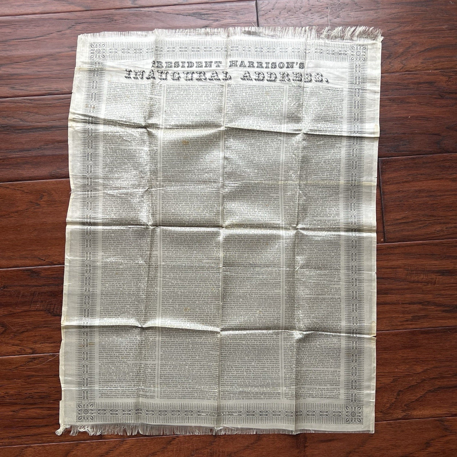 WILLIAM HENRY HARRISON * Silk Printed Broadside of Inaugural Address Ephemera