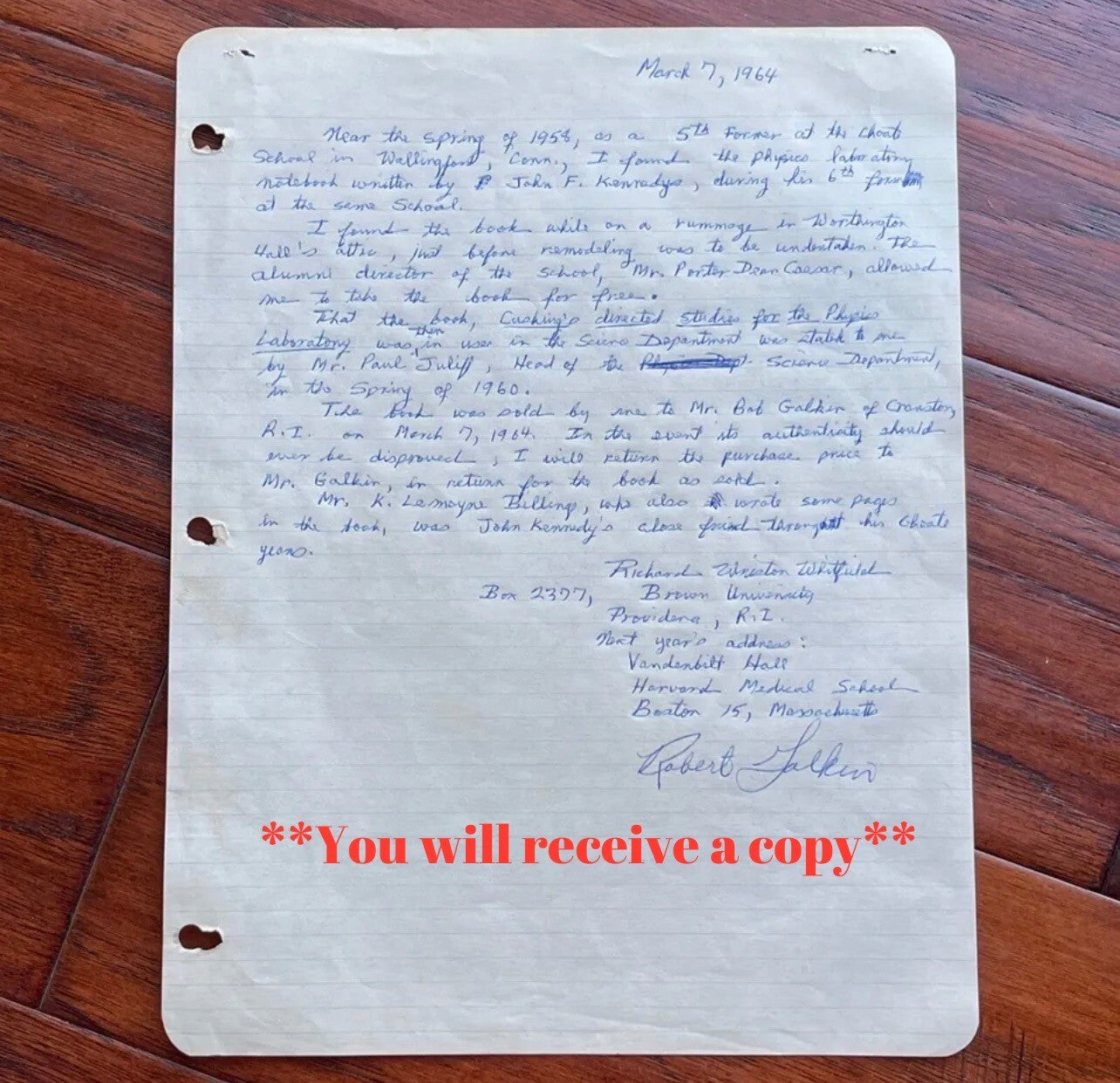 JOHN F. KENNEDY * Physics Lab Notebook Page * Signed by LEM BILLINGS Autograph