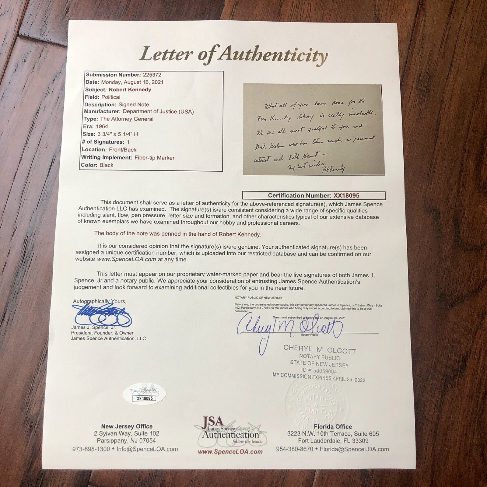 ROBERT F. KENNEDY * JSA * Handwritten Letter Signed As Attorney General Re: JFK