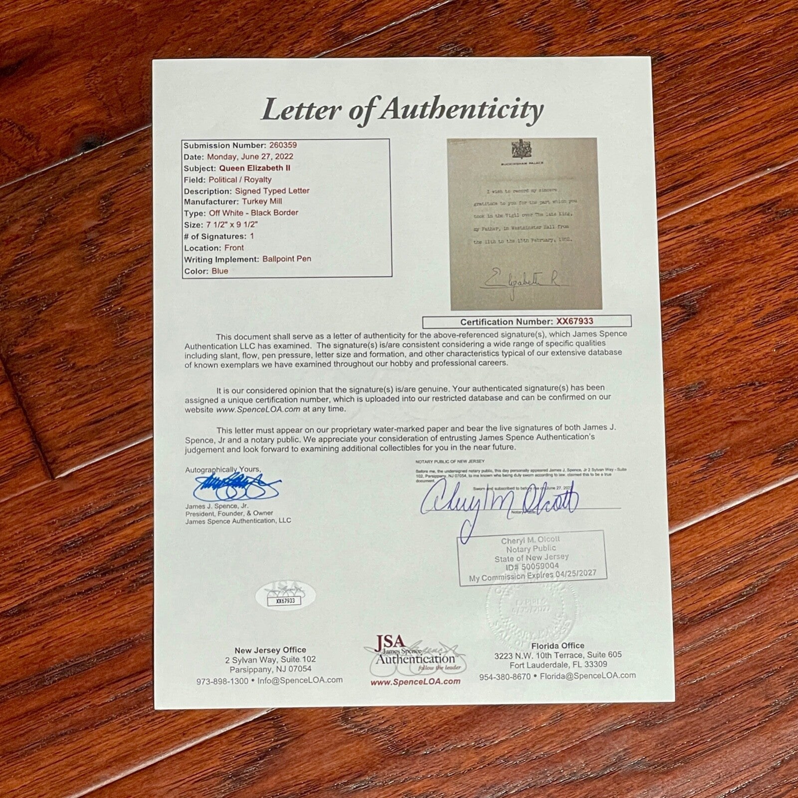 QUEEN ELIZABETH II * JSA * Autograph Letter DEATH OF HER FATHER Signed