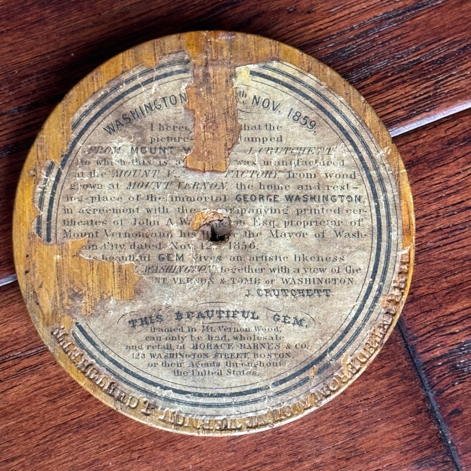 GEORGE WASHINGTON * Authentic MOUNT VERNON Wood Artifact Relic * 1859