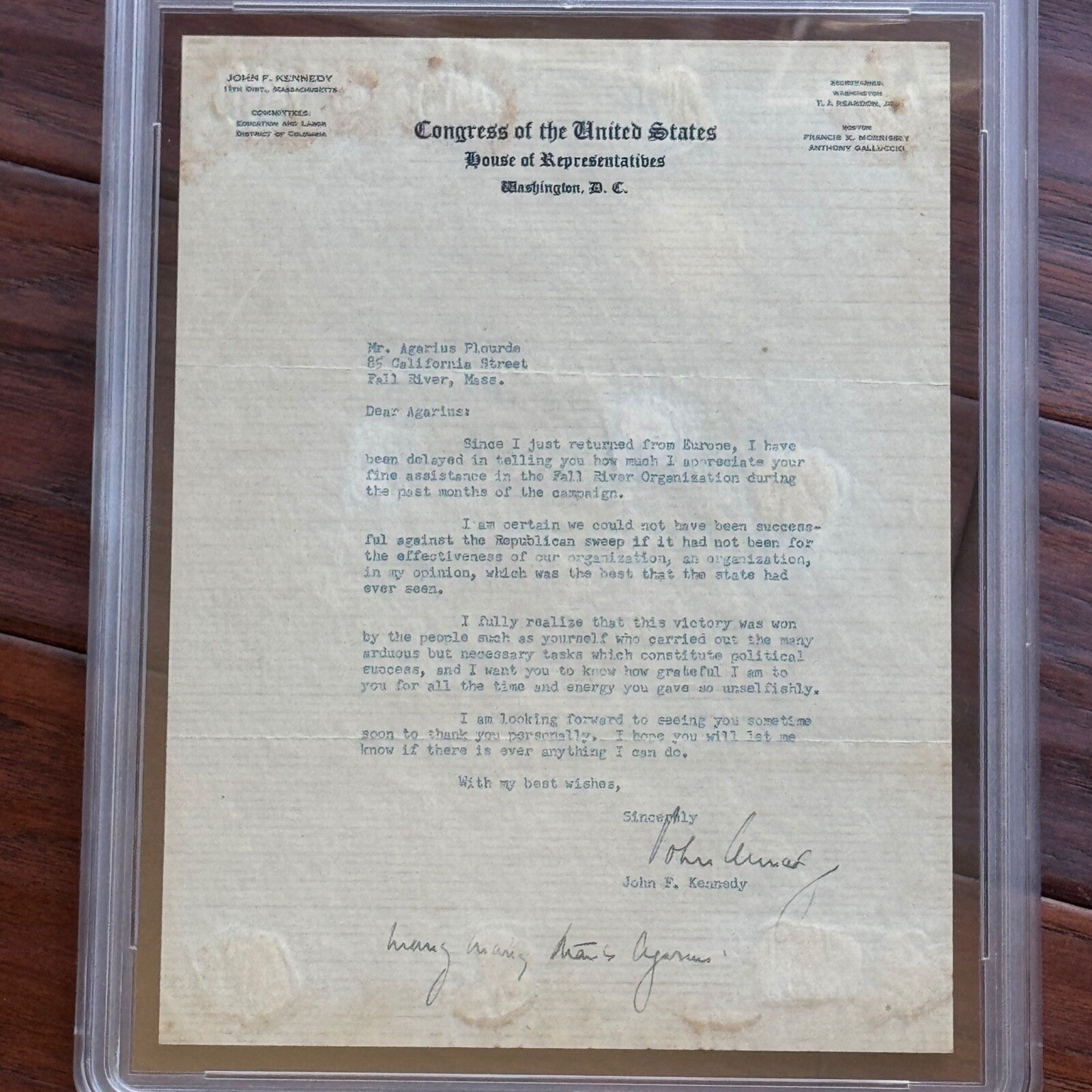 JOHN F. KENNEDY * PSA * Congress AUTOGRAPH "Republican Sweep" Letter SIGNED
