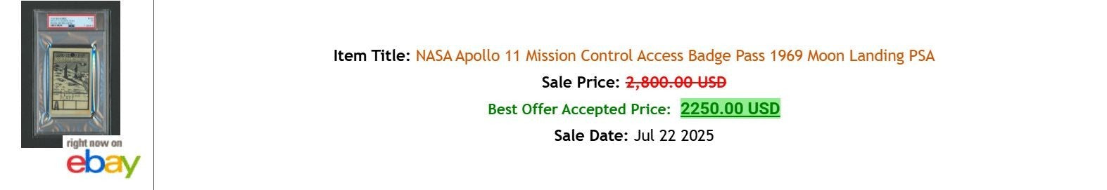 APOLLO 11 * PSA * NASA Mission Evaluation Access Badge Ticket Moon Landing Pass