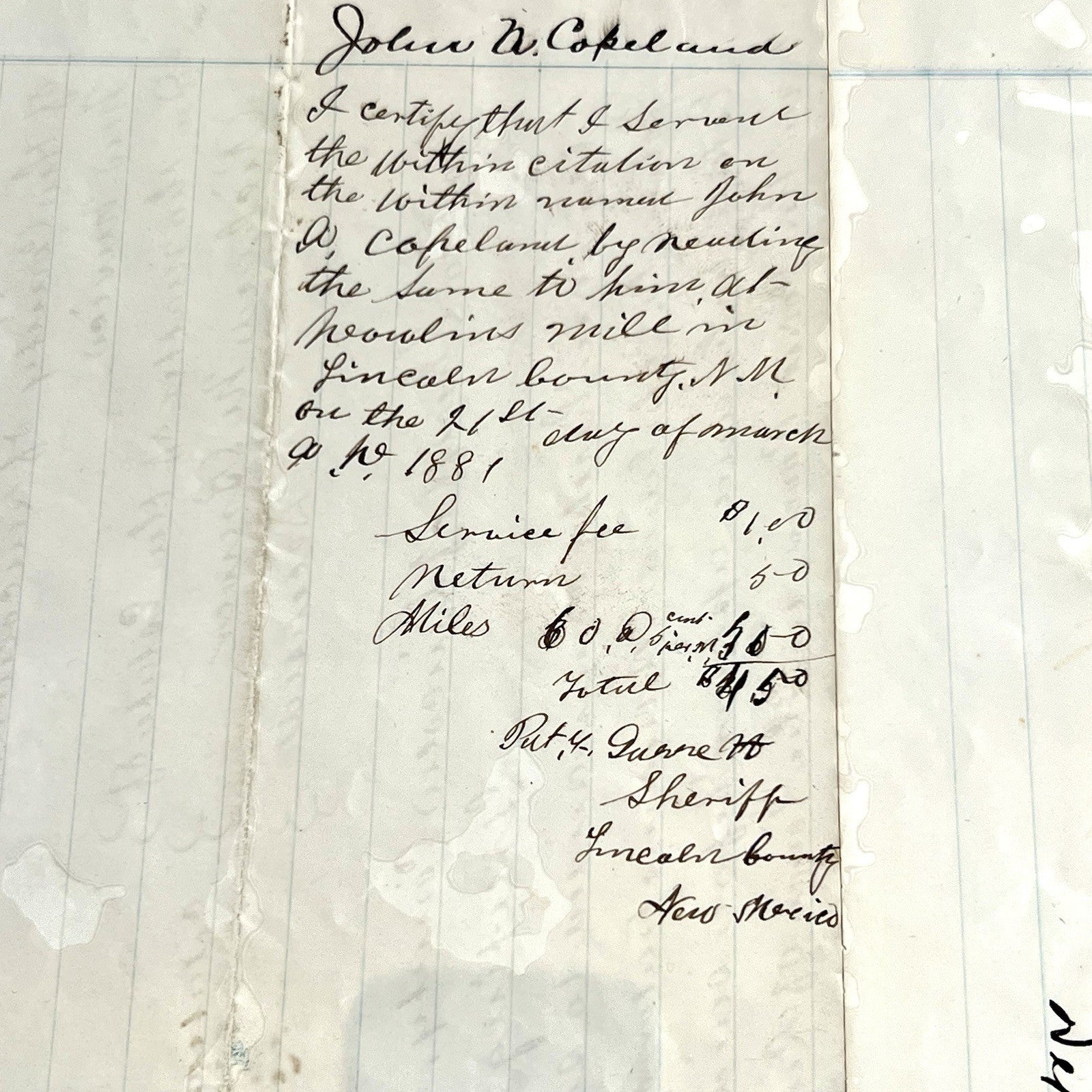 PAT GARRETT * PSA * Signed 1881 Billy the Kid Lawman Autograph SHERIFF Subpoena