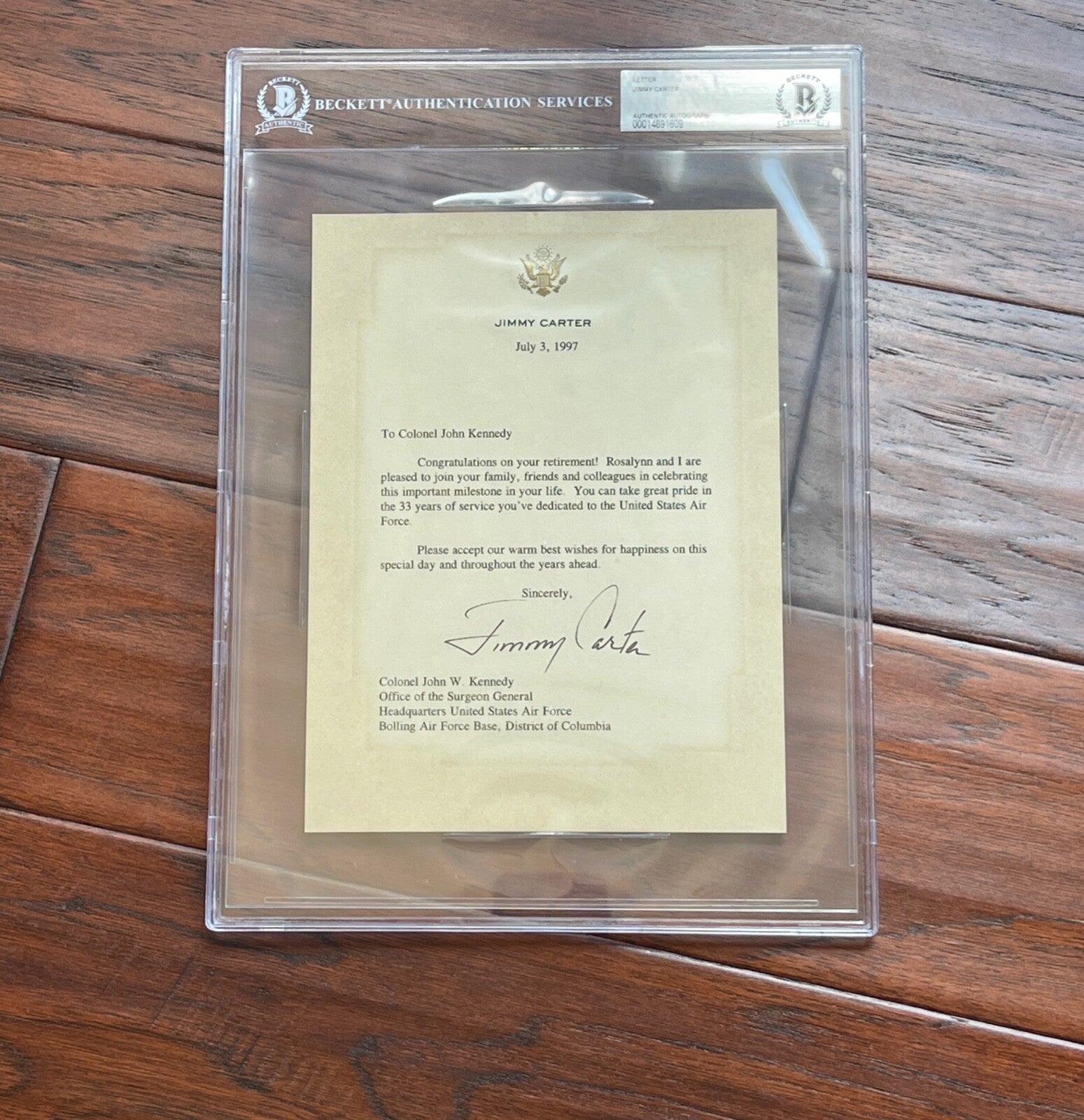JIMMY CARTER * BAS * Autograph Letter to JOHN KENNEDY Signed * 1997