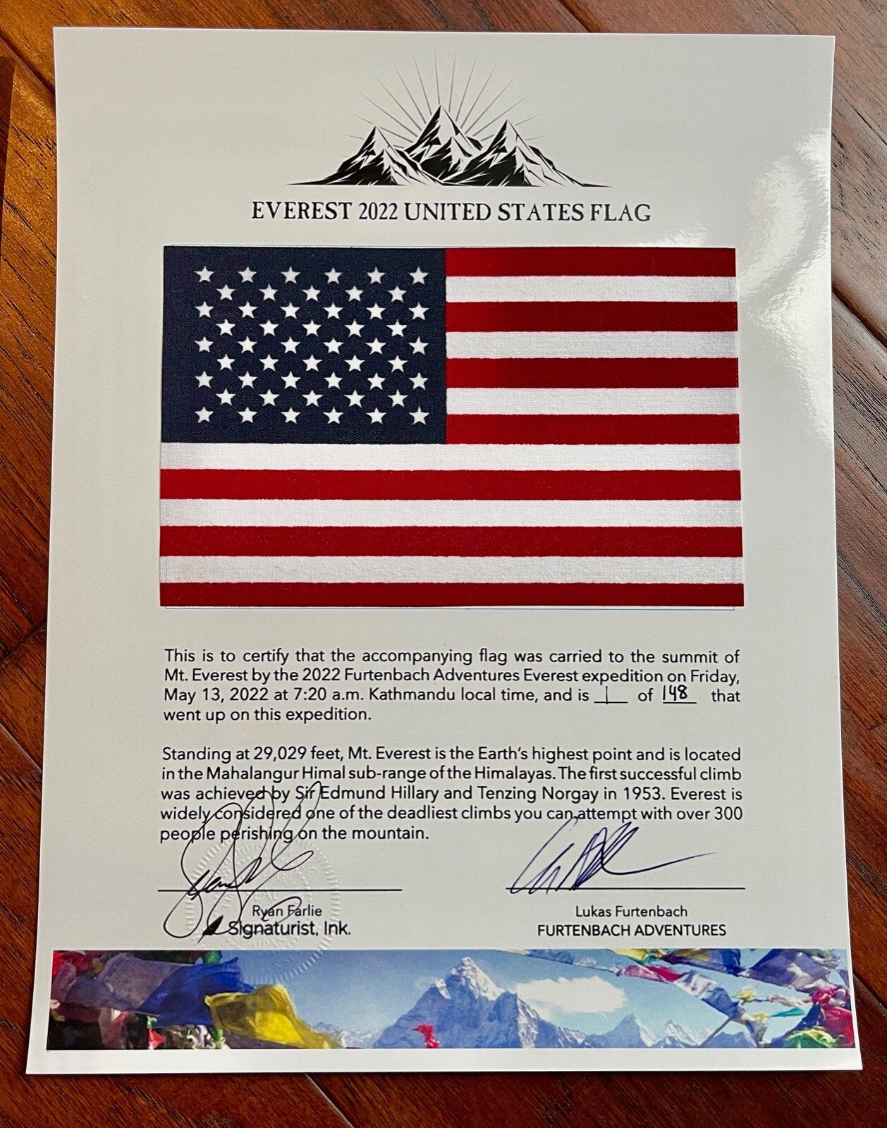 MOUNT EVEREST Genuine US Mini Flag ARTIFACT Carried to the Summit of MT 29029 FT