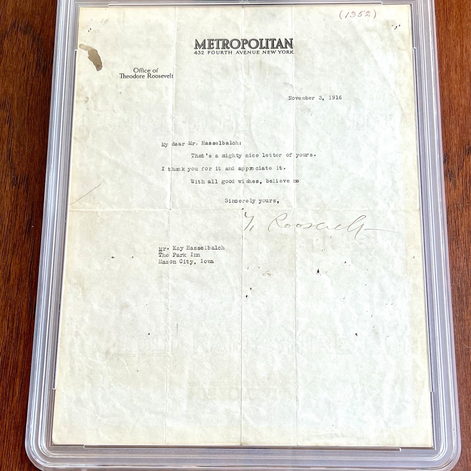 THEODORE ROOSEVELT * PSA * Autograph METROPOLITAN Letter Signed * 1916