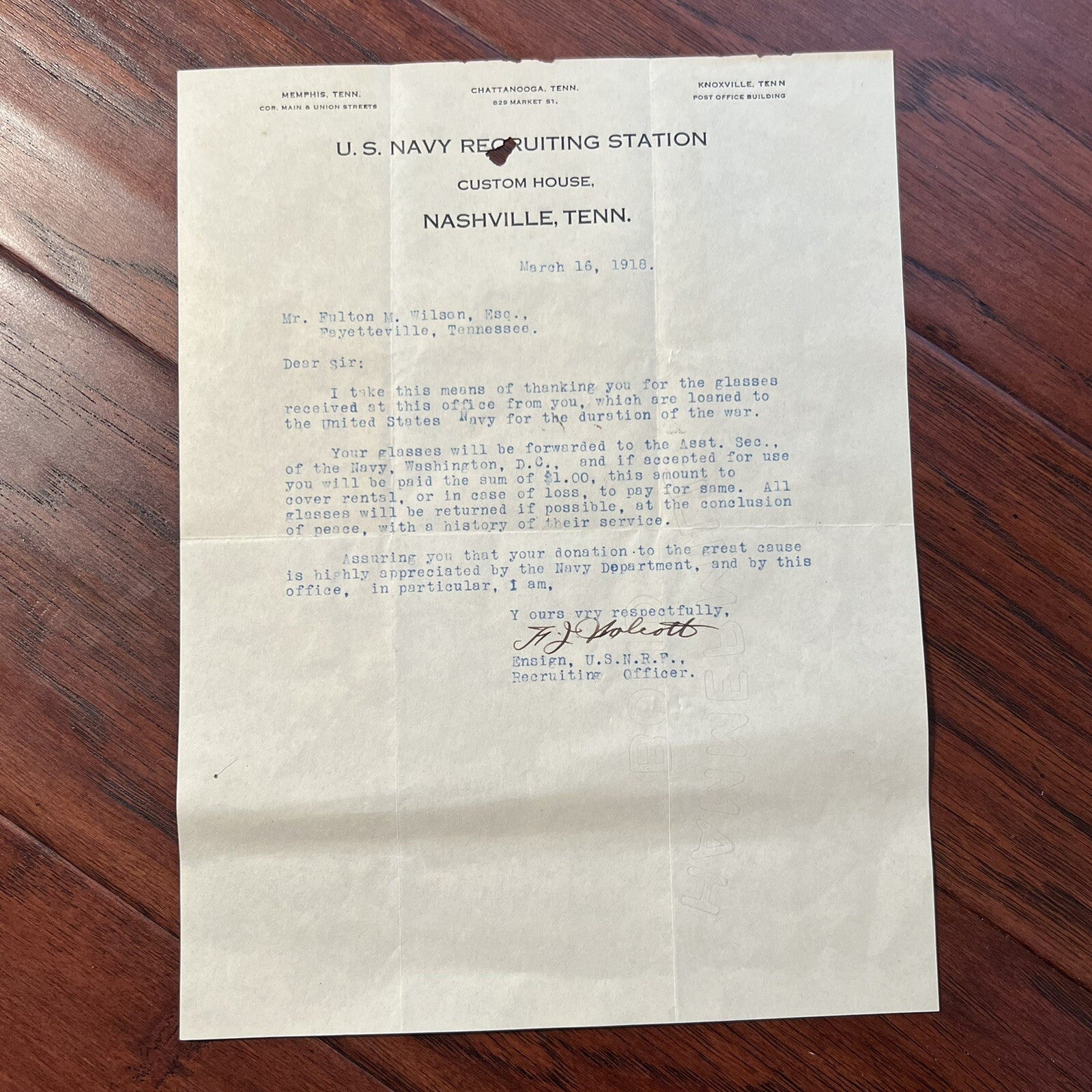 FRANKLIN D. ROOSEVELT * JSA * Autograph Signed Letter for Binoculars Used in WWI