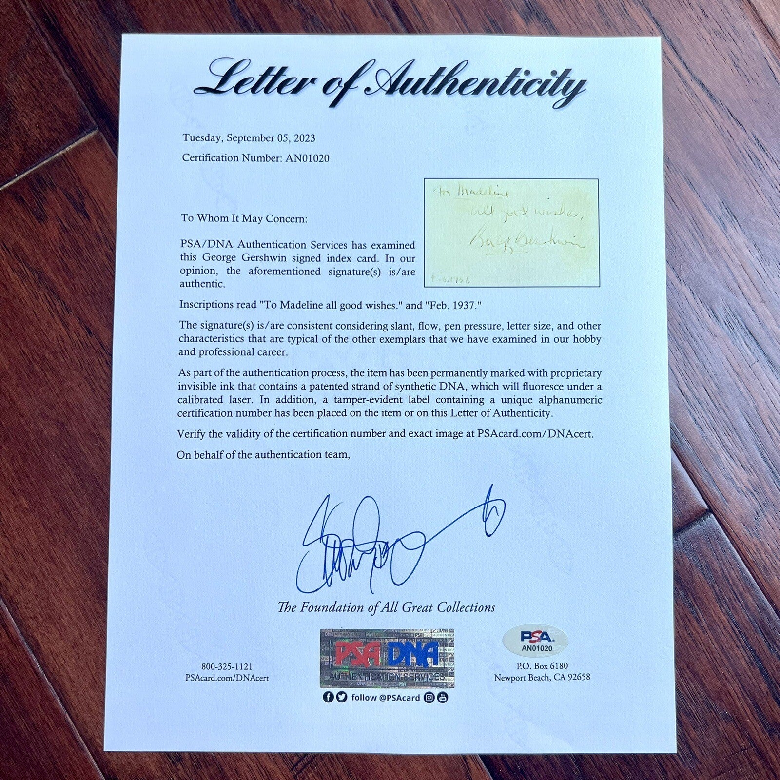 GEORGE GERSHWIN * PSA/DNA * Autograph Card Signed 5 Months Before Death in 1937