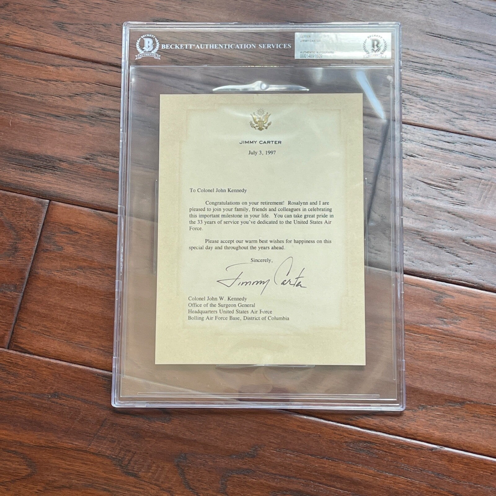 JIMMY CARTER * BAS * Autograph Letter to JOHN KENNEDY Signed * 1997